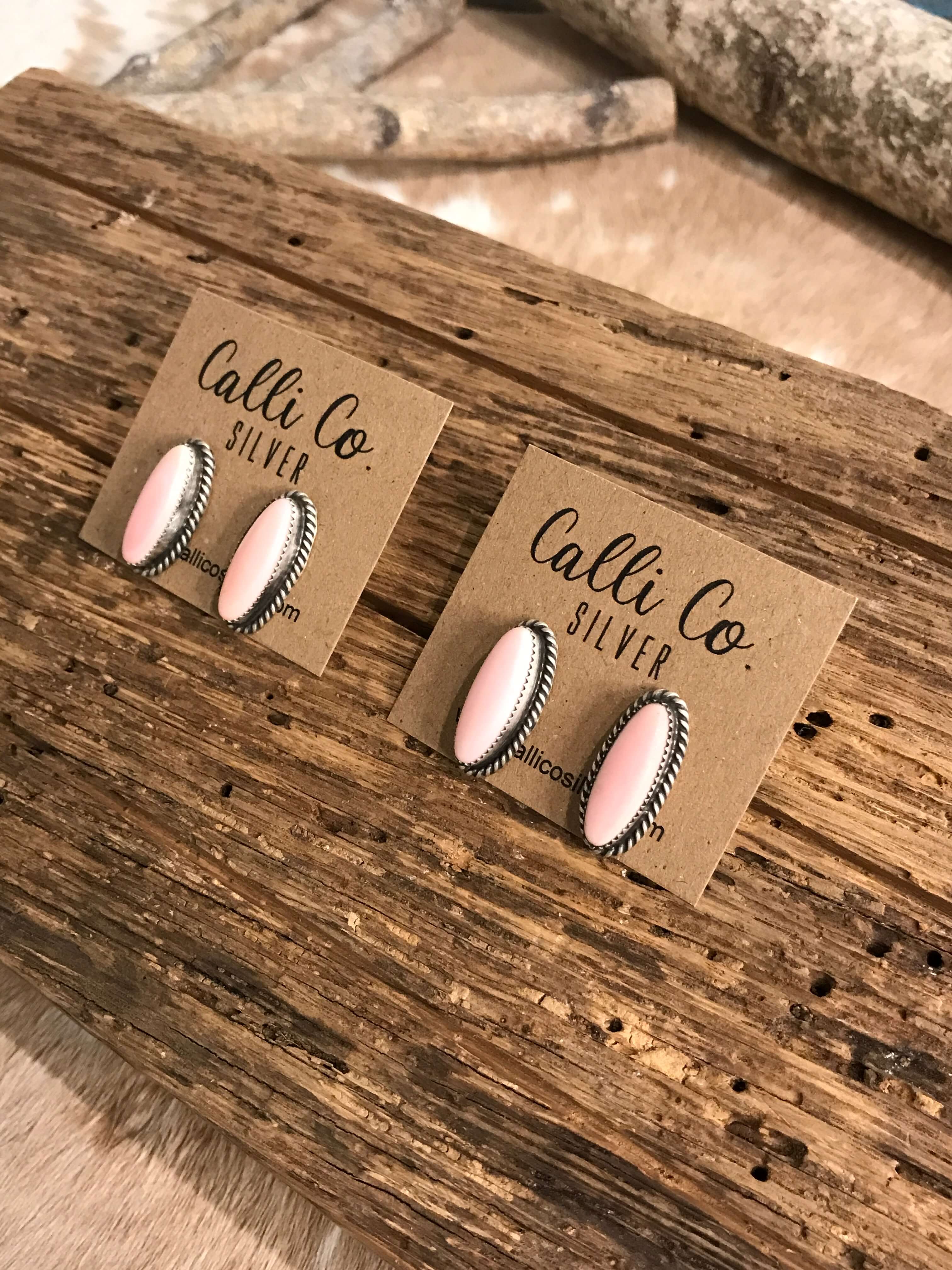 The Pink Conch Oval Studs-Earrings-Calli Co., Turquoise and Silver Jewelry, Native American Handmade, Zuni Tribe, Navajo Tribe, Brock Texas