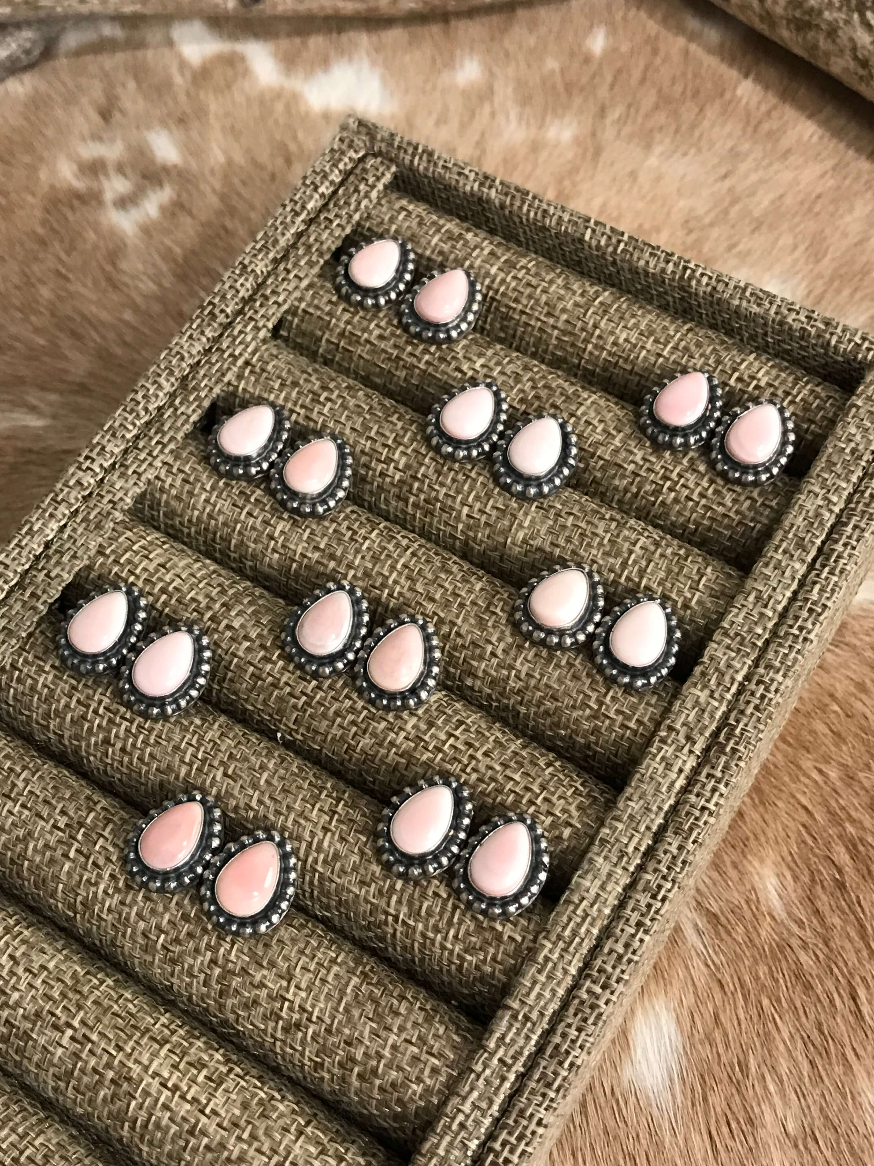 The Pink Conch Teardrop Studs-Earrings-Calli Co., Turquoise and Silver Jewelry, Native American Handmade, Zuni Tribe, Navajo Tribe, Brock Texas