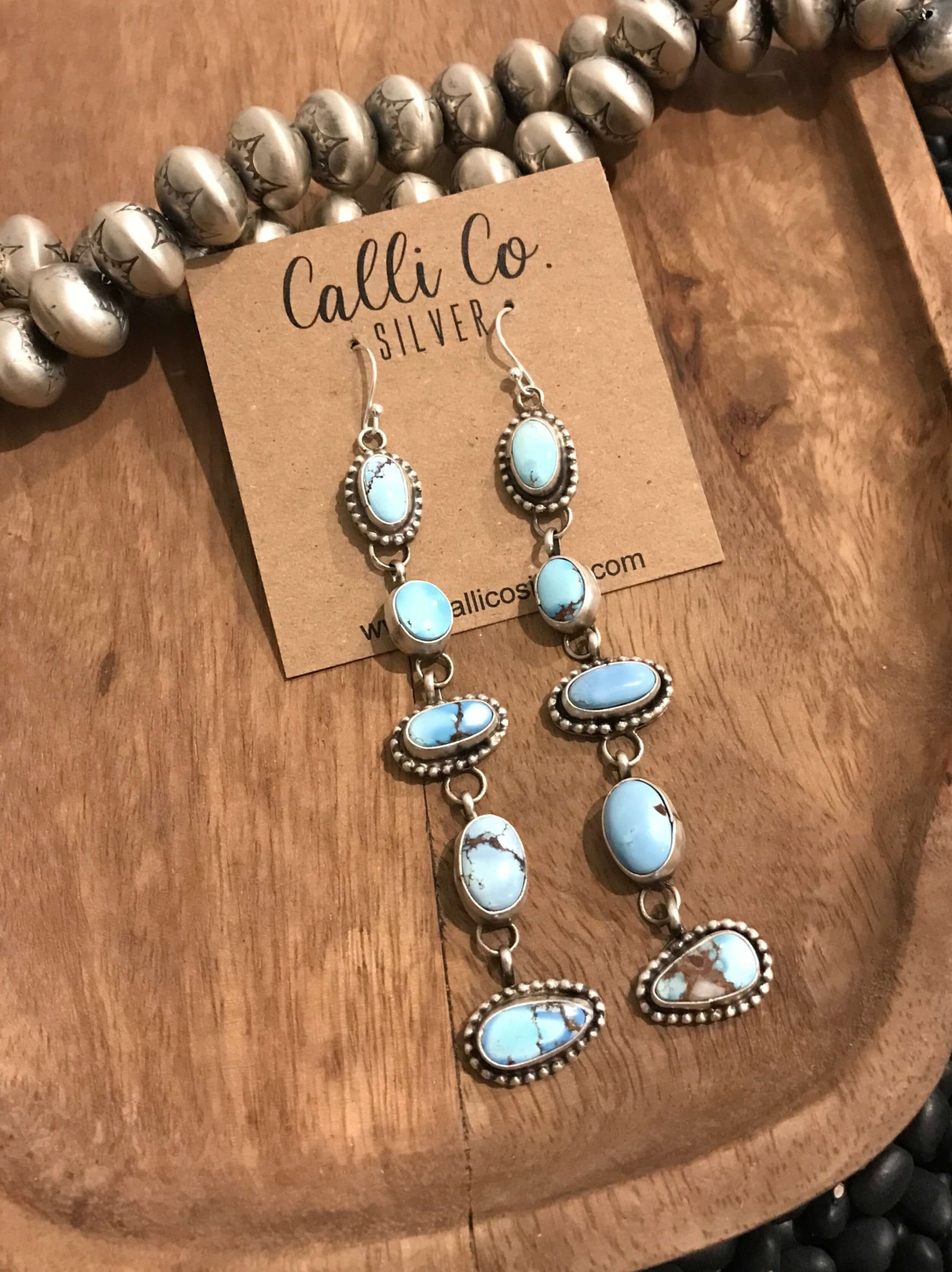 The Golden Hill 5 Stone Drop Earrings, 2-Earrings-Calli Co., Turquoise and Silver Jewelry, Native American Handmade, Zuni Tribe, Navajo Tribe, Brock Texas