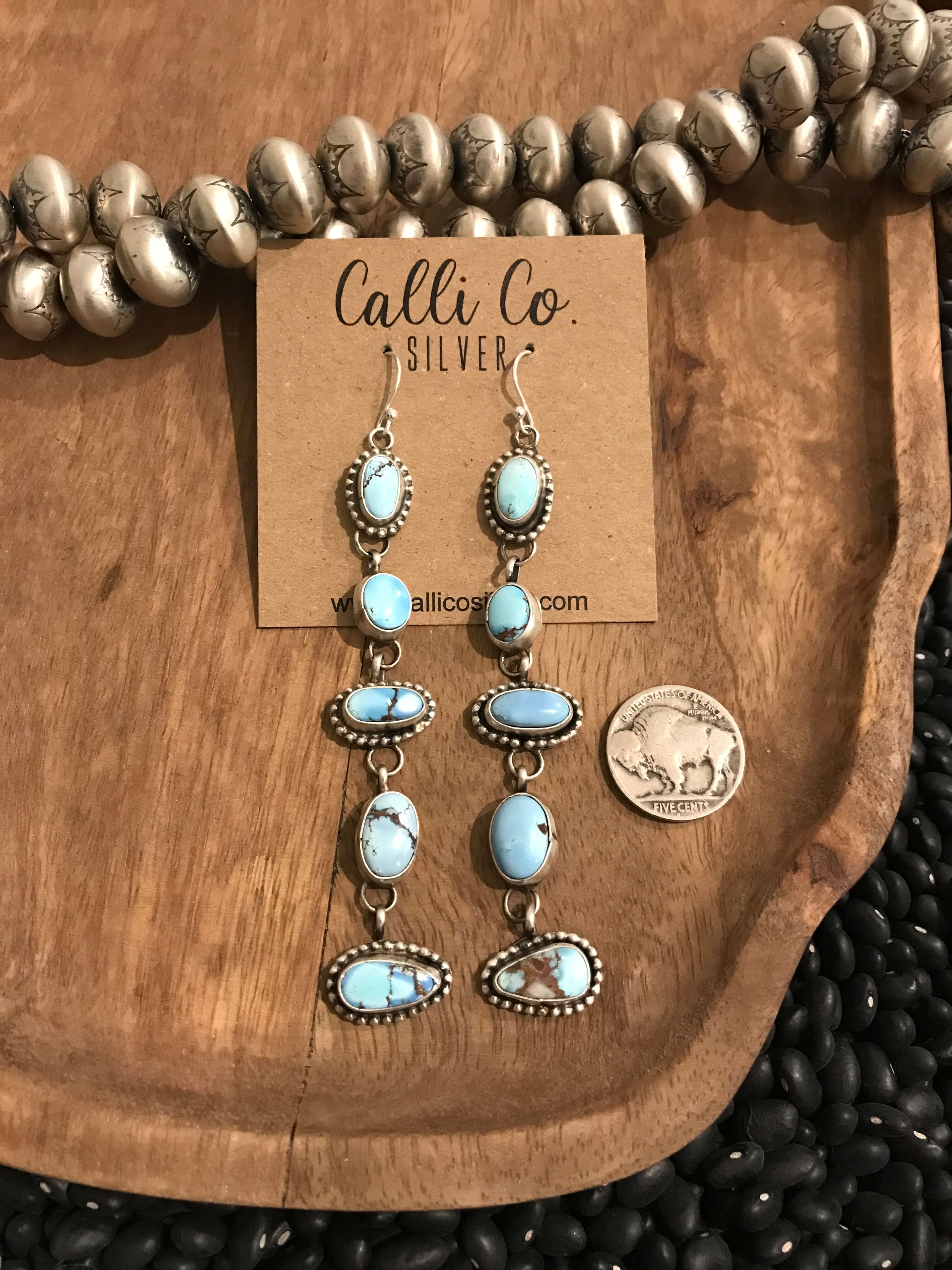 The Golden Hill 5 Stone Drop Earrings, 2-Earrings-Calli Co., Turquoise and Silver Jewelry, Native American Handmade, Zuni Tribe, Navajo Tribe, Brock Texas