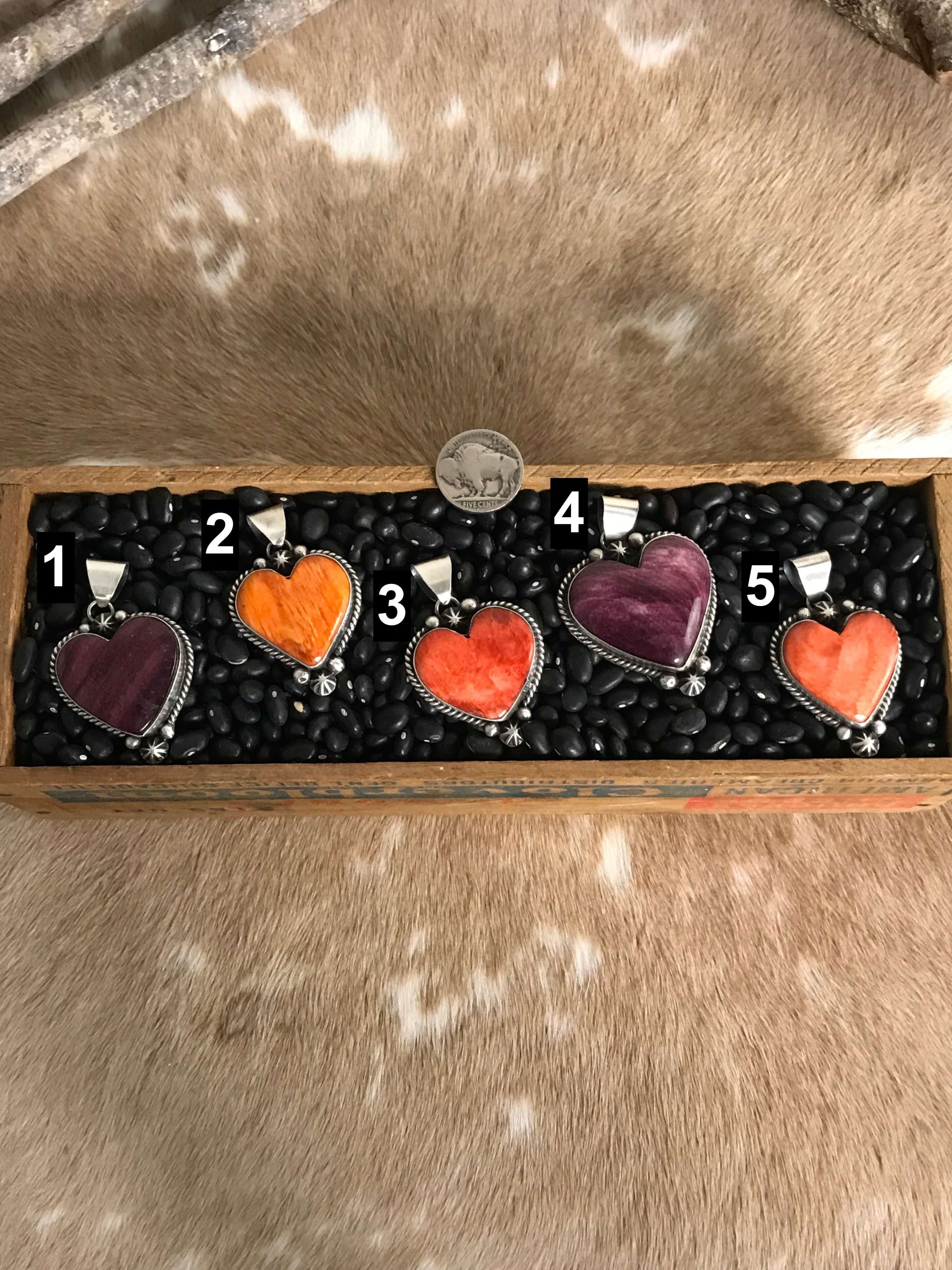 The Zillah Heart Pendants in Spiny-Pendants-Calli Co., Turquoise and Silver Jewelry, Native American Handmade, Zuni Tribe, Navajo Tribe, Brock Texas