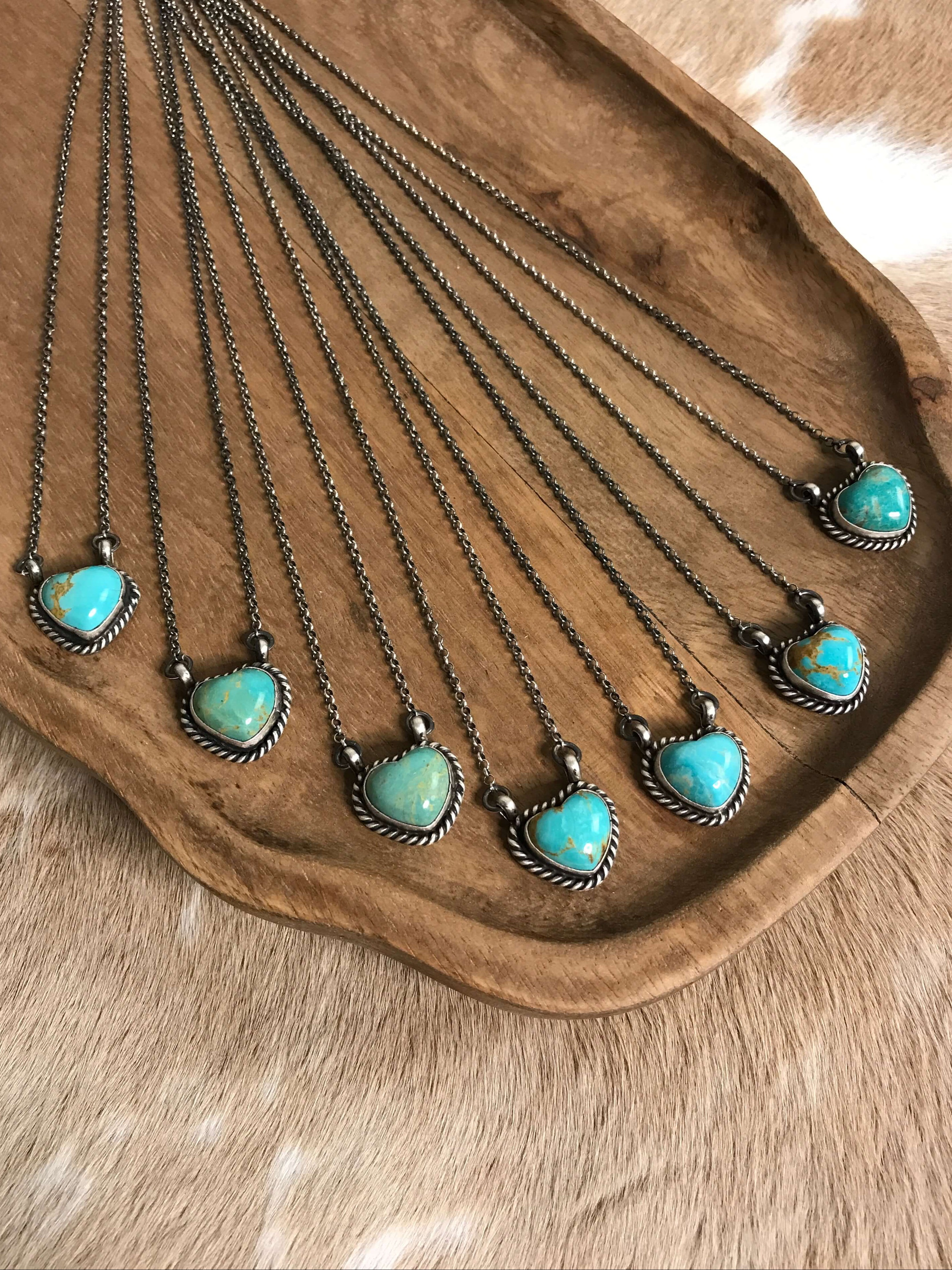 The Colona Turquoise Heart Necklaces-Necklaces-Calli Co., Turquoise and Silver Jewelry, Native American Handmade, Zuni Tribe, Navajo Tribe, Brock Texas
