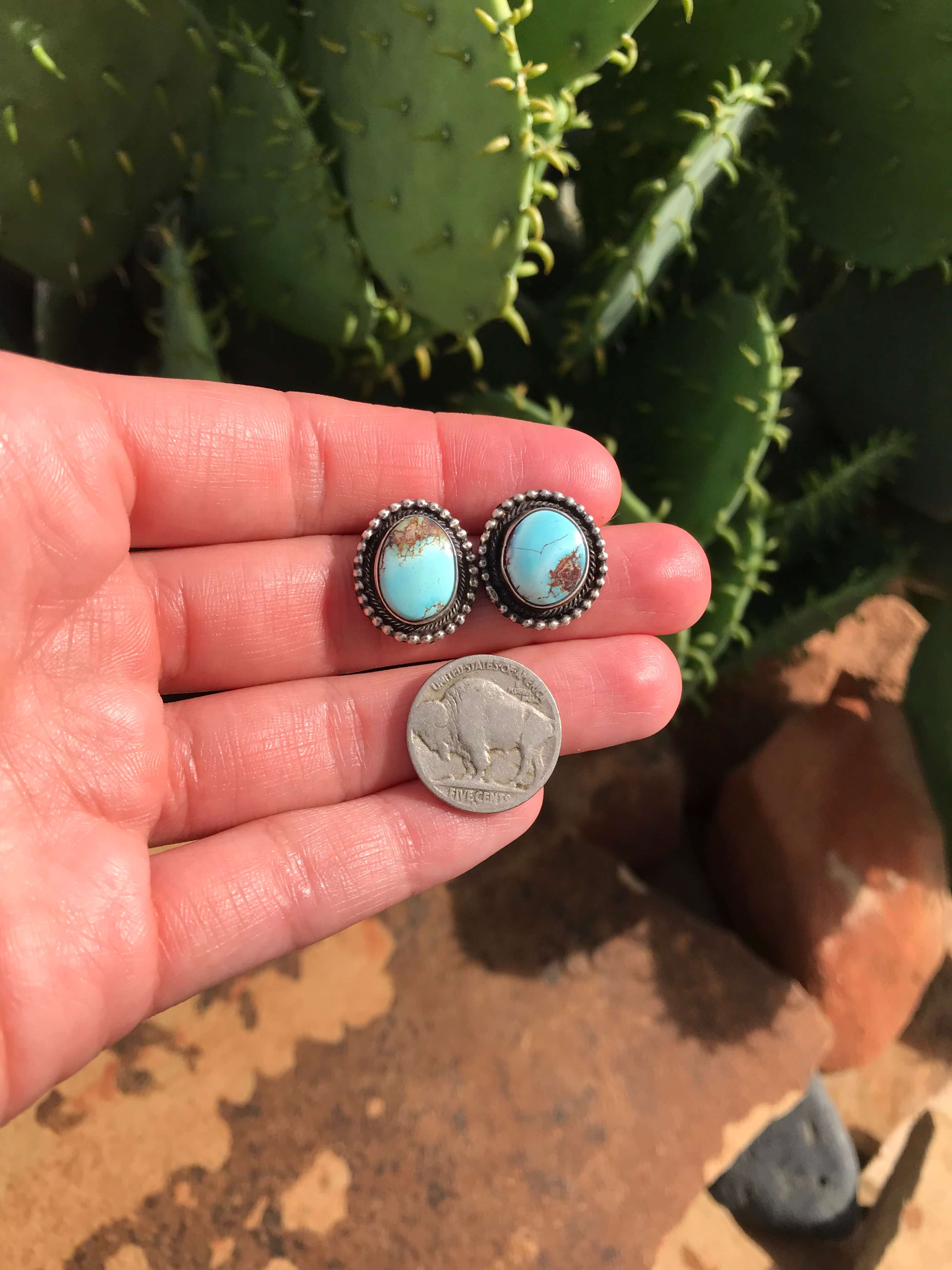 The Golden Hills Studs, 1-Earrings-Calli Co., Turquoise and Silver Jewelry, Native American Handmade, Zuni Tribe, Navajo Tribe, Brock Texas