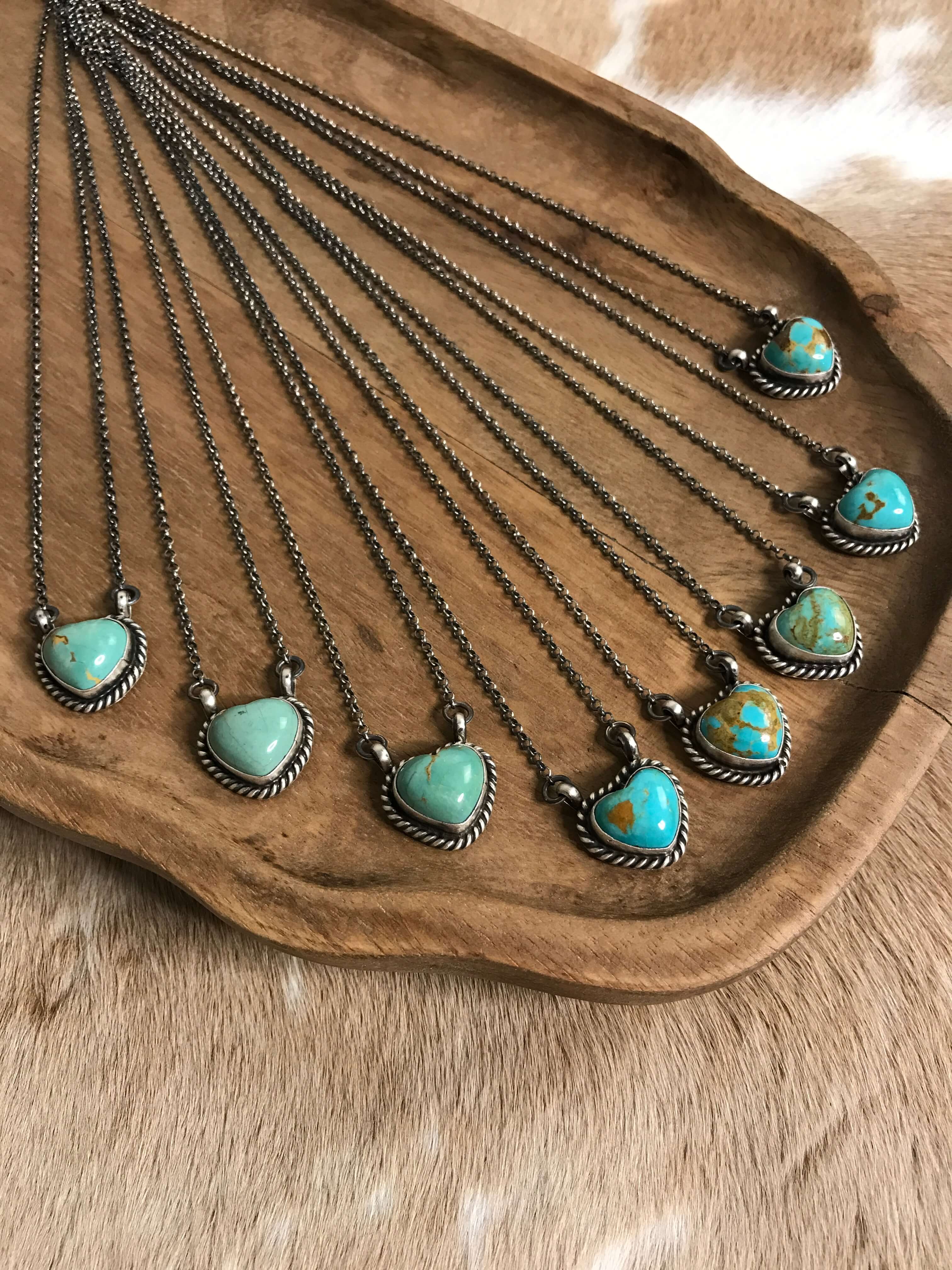 The Colona Turquoise Heart Necklaces-Necklaces-Calli Co., Turquoise and Silver Jewelry, Native American Handmade, Zuni Tribe, Navajo Tribe, Brock Texas