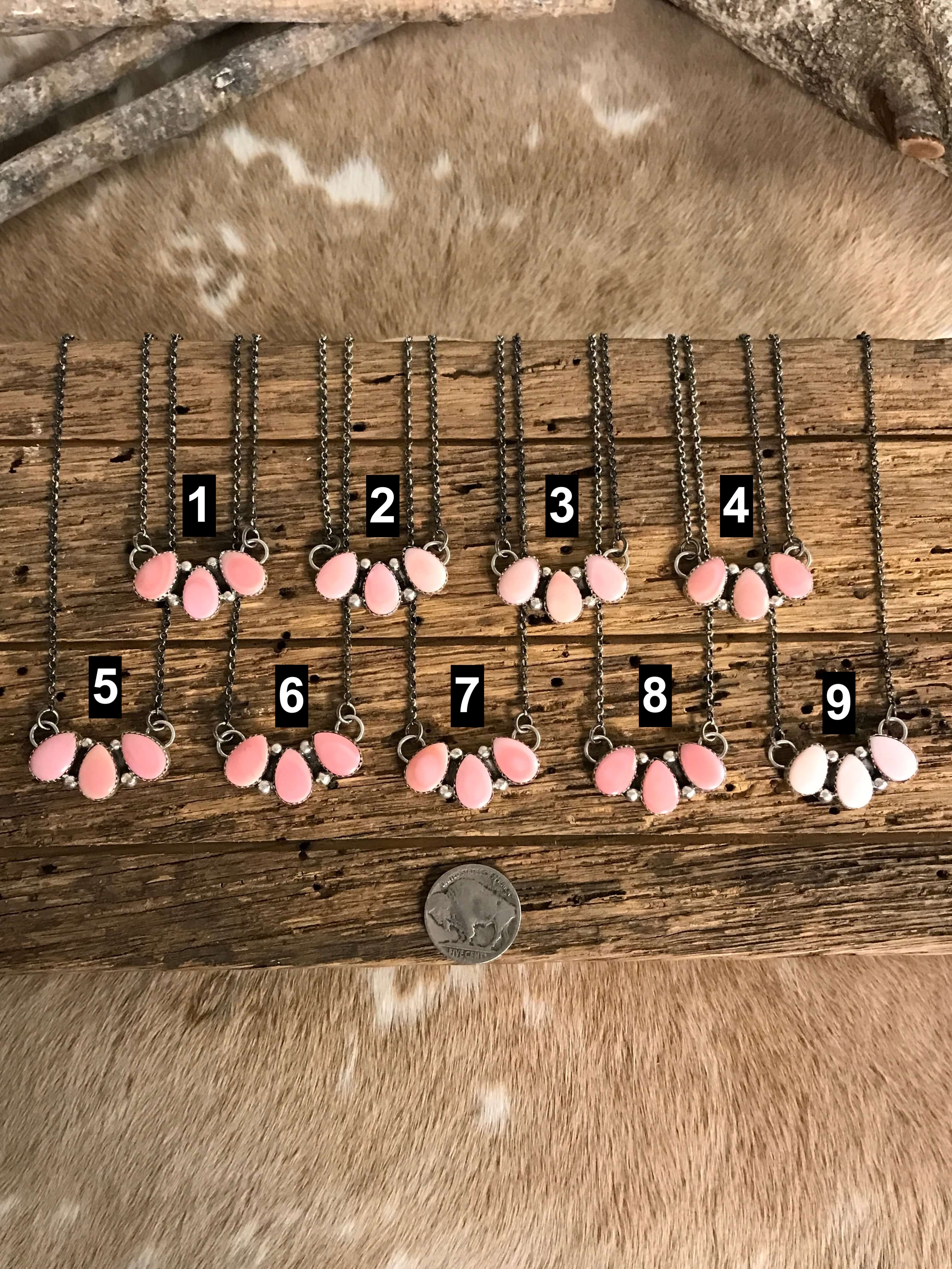 The Ashford Pink Conch 3 Stone Necklaces-Necklaces-Calli Co., Turquoise and Silver Jewelry, Native American Handmade, Zuni Tribe, Navajo Tribe, Brock Texas