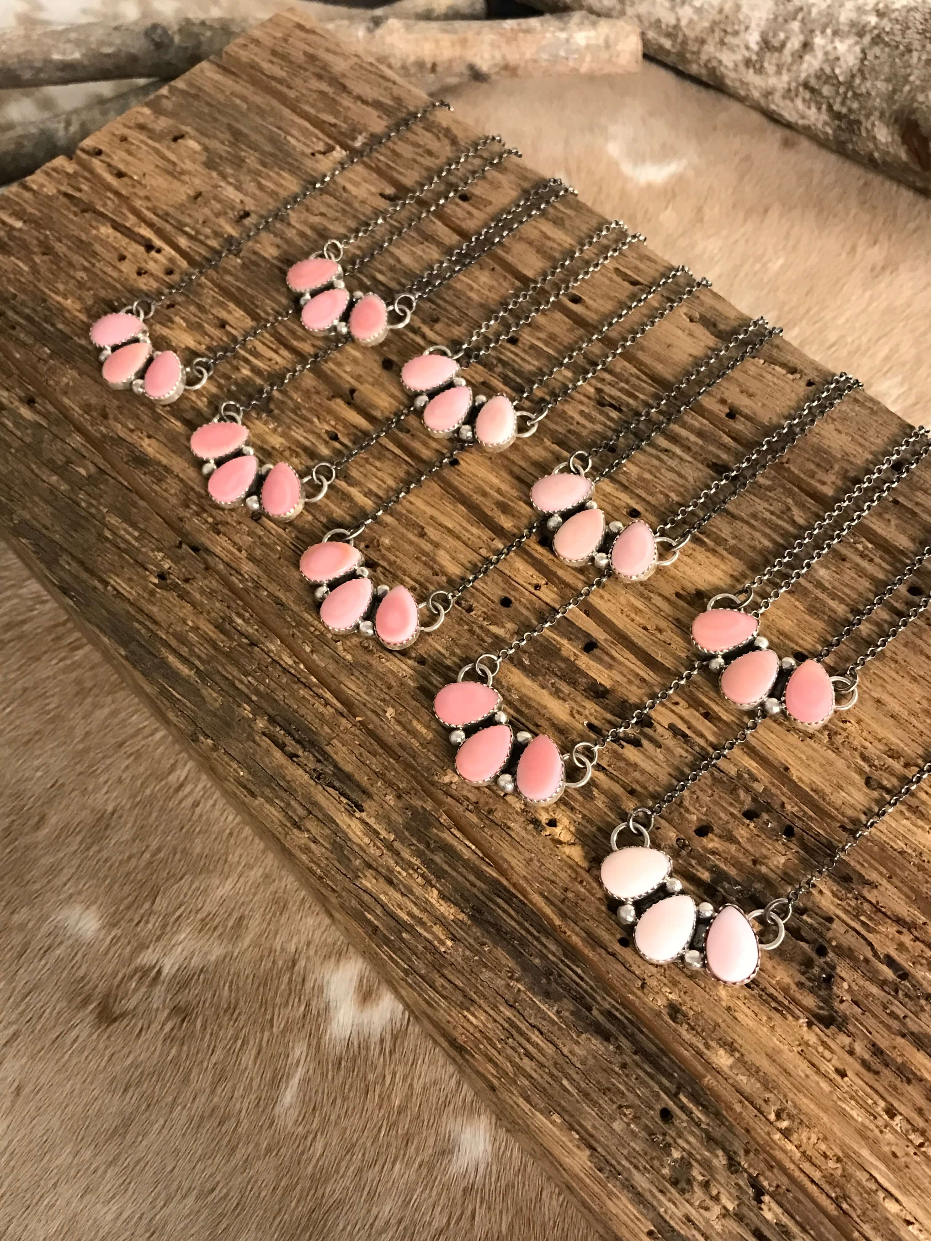 The Ashford Pink Conch 3 Stone Necklaces-Necklaces-Calli Co., Turquoise and Silver Jewelry, Native American Handmade, Zuni Tribe, Navajo Tribe, Brock Texas