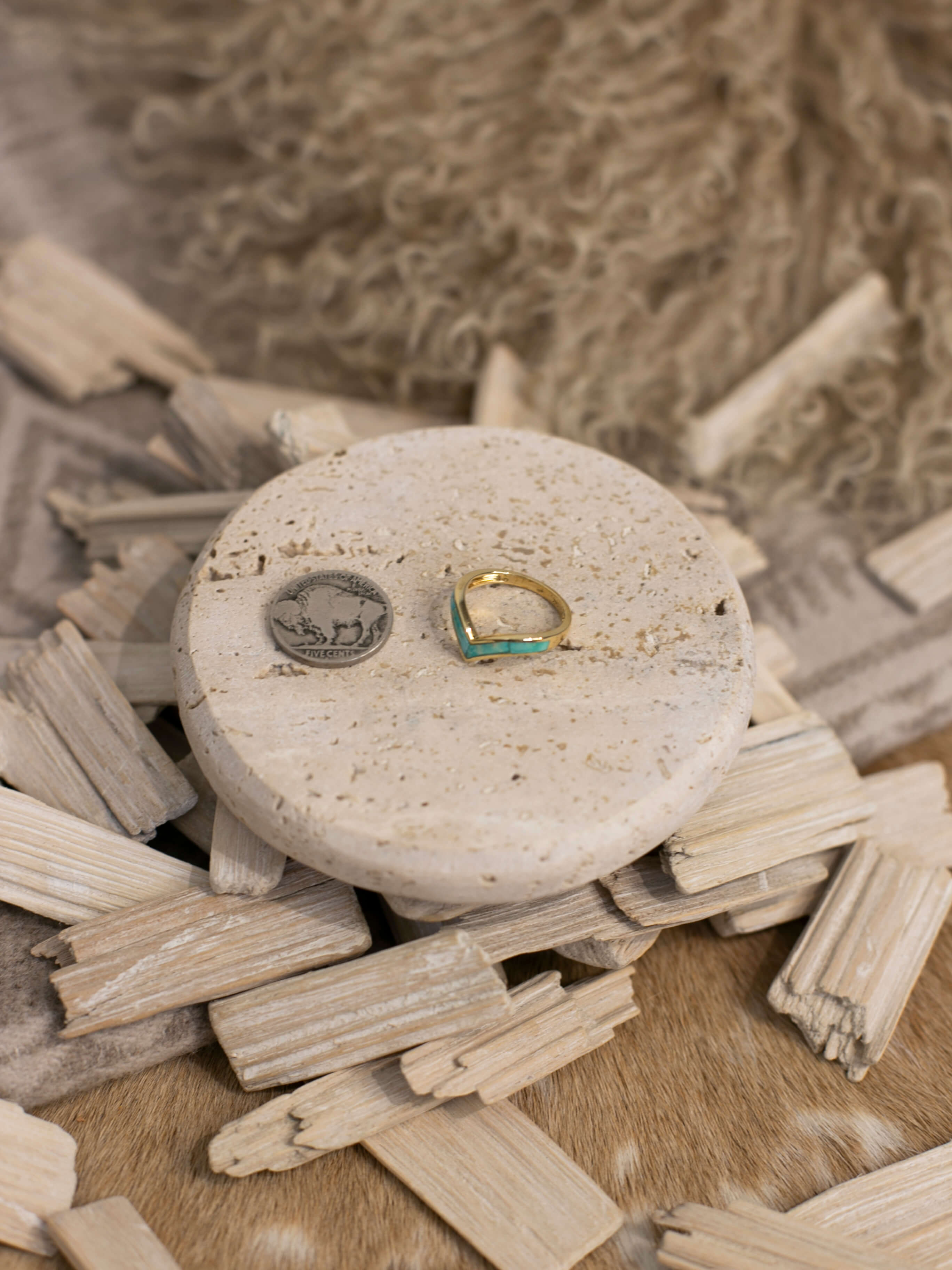 The Cambridge 14k Turquoise Inlay Ring 1, Sz 7-Rings-Calli Co., Turquoise and Silver Jewelry, Native American Handmade, Zuni Tribe, Navajo Tribe, Brock Texas