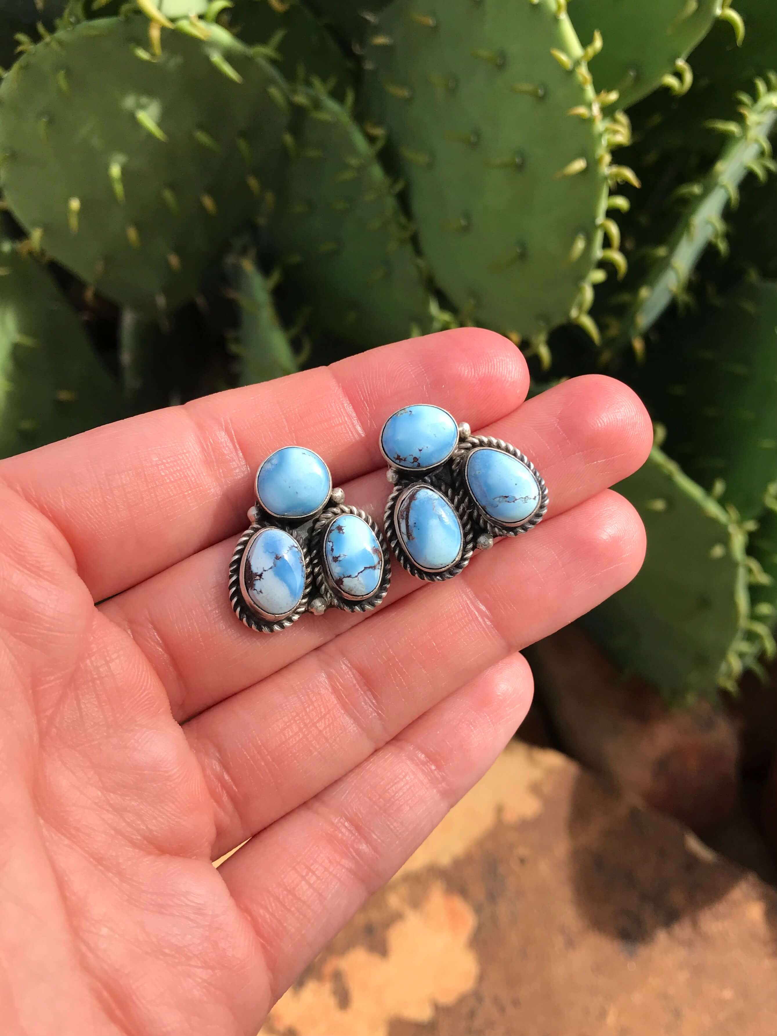 The Tempe Turquoise Cluster Earrings, 1-Earrings-Calli Co., Turquoise and Silver Jewelry, Native American Handmade, Zuni Tribe, Navajo Tribe, Brock Texas