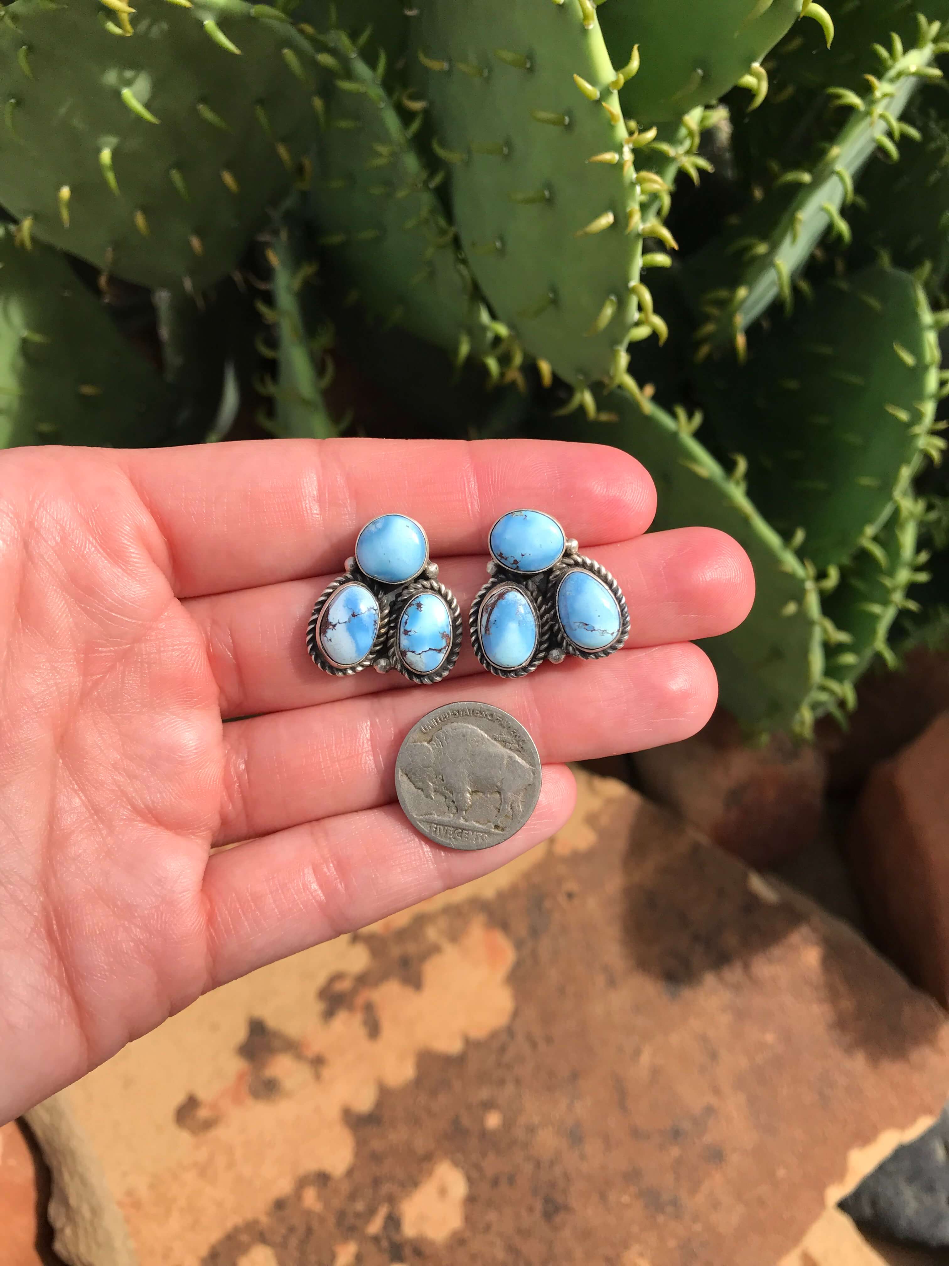 The Tempe Turquoise Cluster Earrings, 1-Earrings-Calli Co., Turquoise and Silver Jewelry, Native American Handmade, Zuni Tribe, Navajo Tribe, Brock Texas