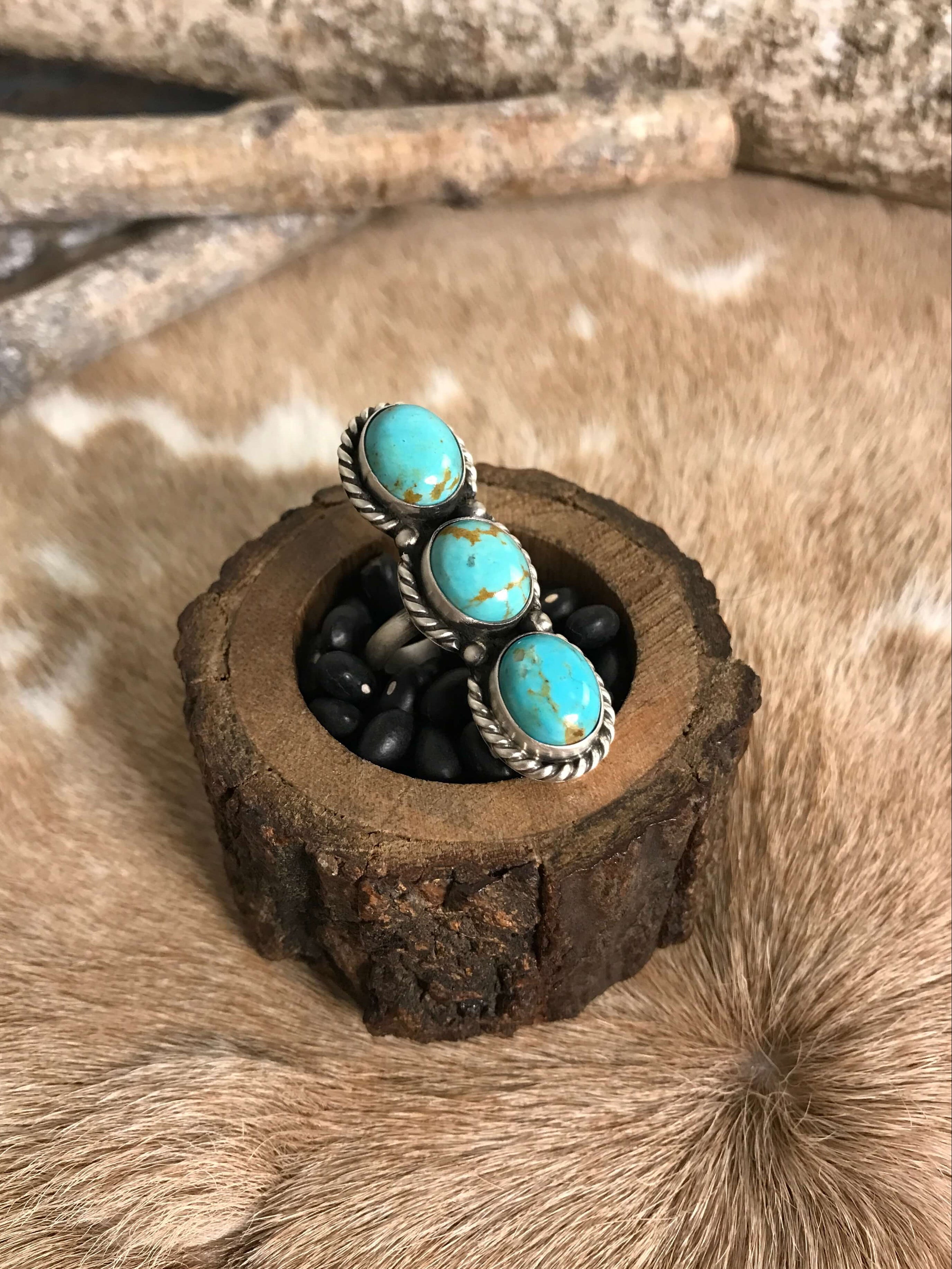 The 3 Stone Adjustable Ring, 14-Rings-Calli Co., Turquoise and Silver Jewelry, Native American Handmade, Zuni Tribe, Navajo Tribe, Brock Texas