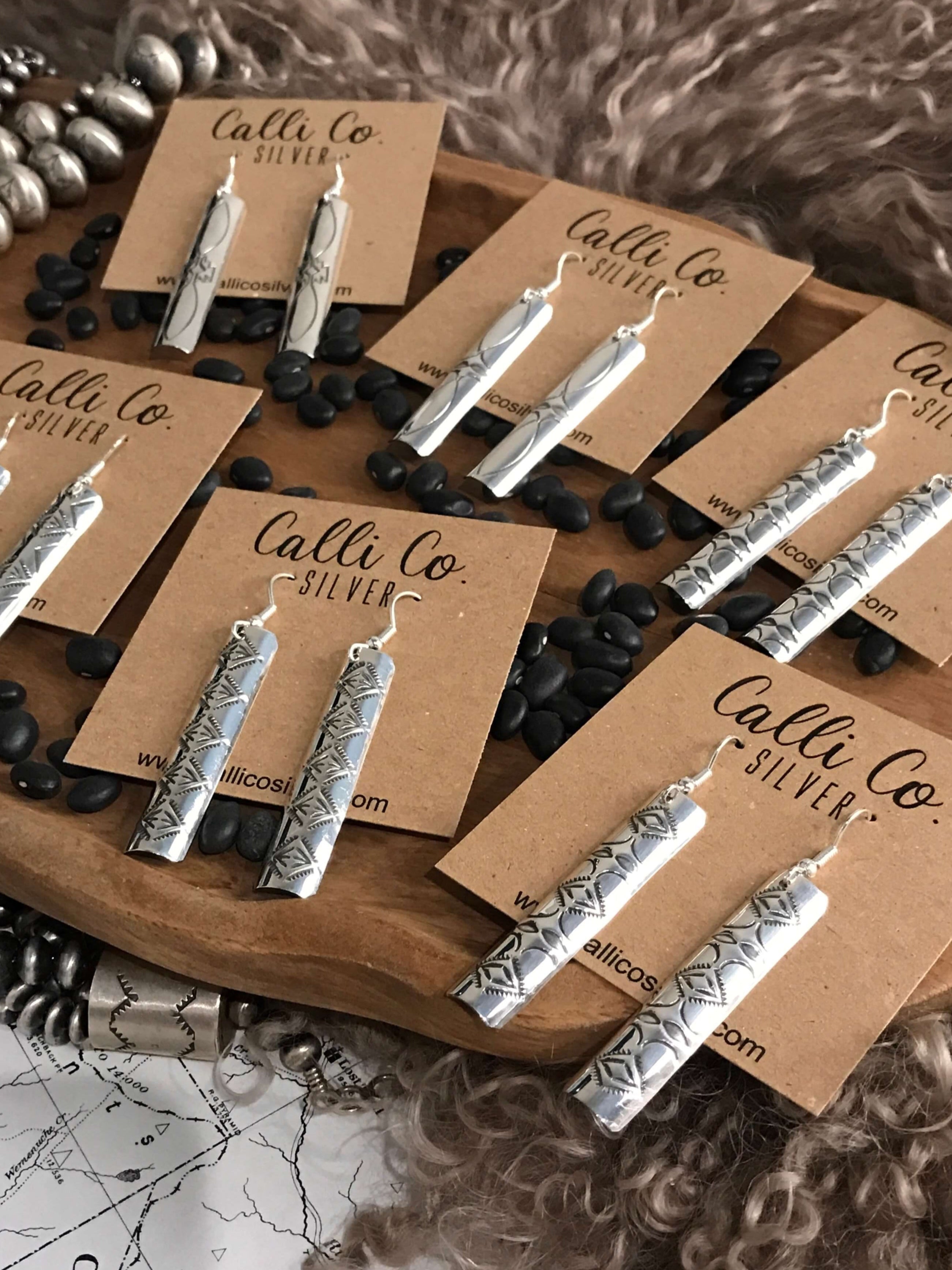 The Grande Stamped Drop Earrings-Earrings-Calli Co., Turquoise and Silver Jewelry, Native American Handmade, Zuni Tribe, Navajo Tribe, Brock Texas