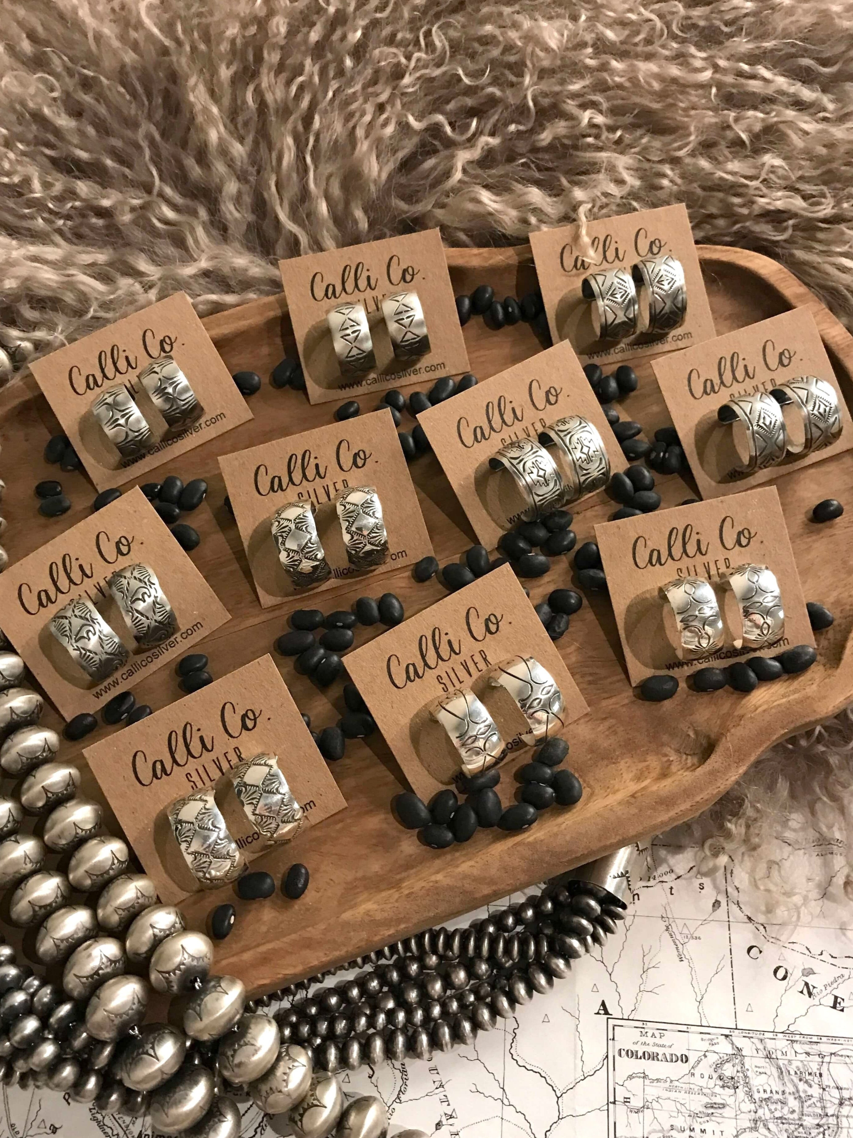 The Stamped Hoops-Earrings-Calli Co., Turquoise and Silver Jewelry, Native American Handmade, Zuni Tribe, Navajo Tribe, Brock Texas