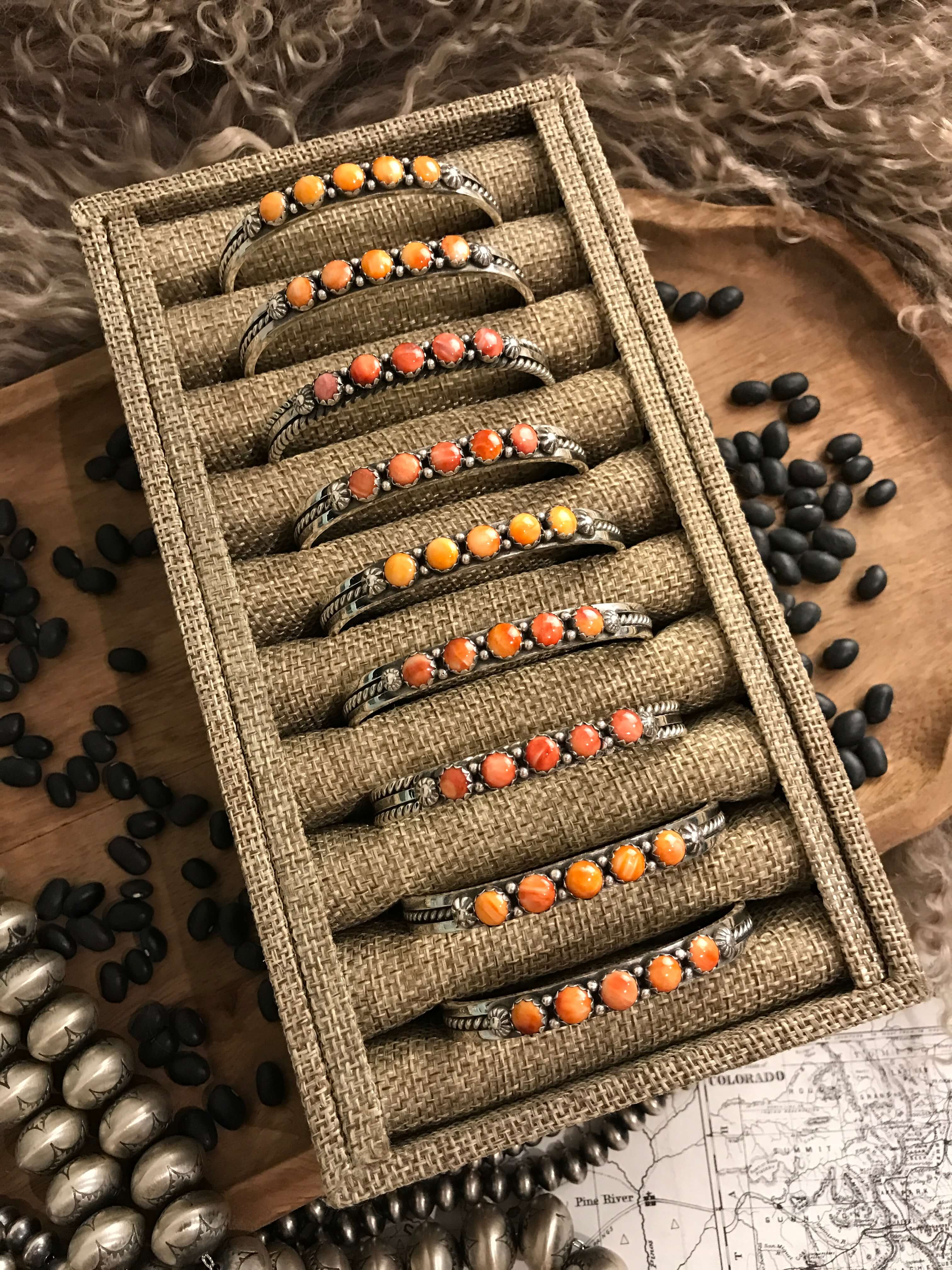 The San Miguel 5 Stone Spiny Cuffs-Bracelets & Cuffs-Calli Co., Turquoise and Silver Jewelry, Native American Handmade, Zuni Tribe, Navajo Tribe, Brock Texas