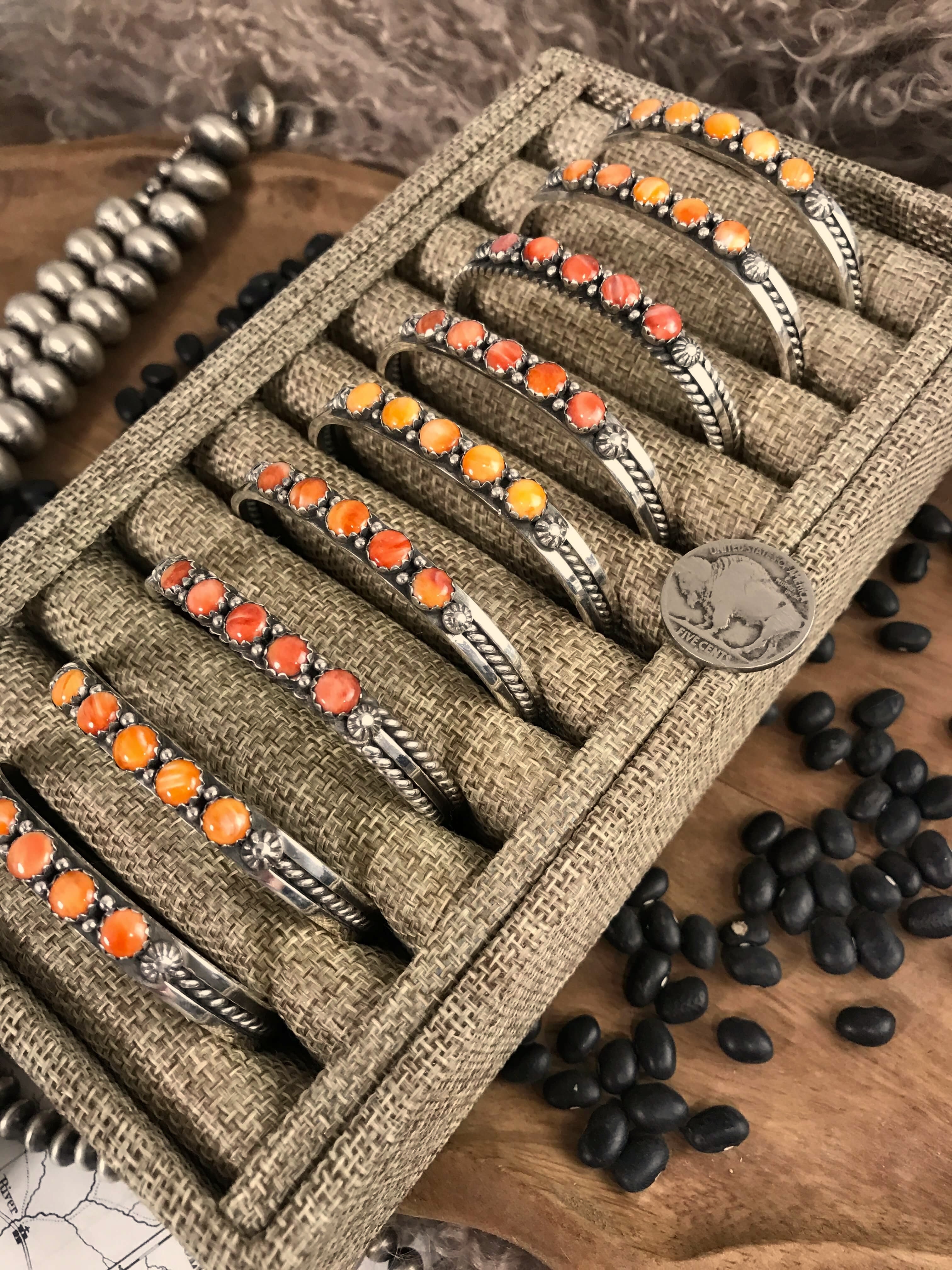 The San Miguel 5 Stone Spiny Cuffs-Bracelets & Cuffs-Calli Co., Turquoise and Silver Jewelry, Native American Handmade, Zuni Tribe, Navajo Tribe, Brock Texas