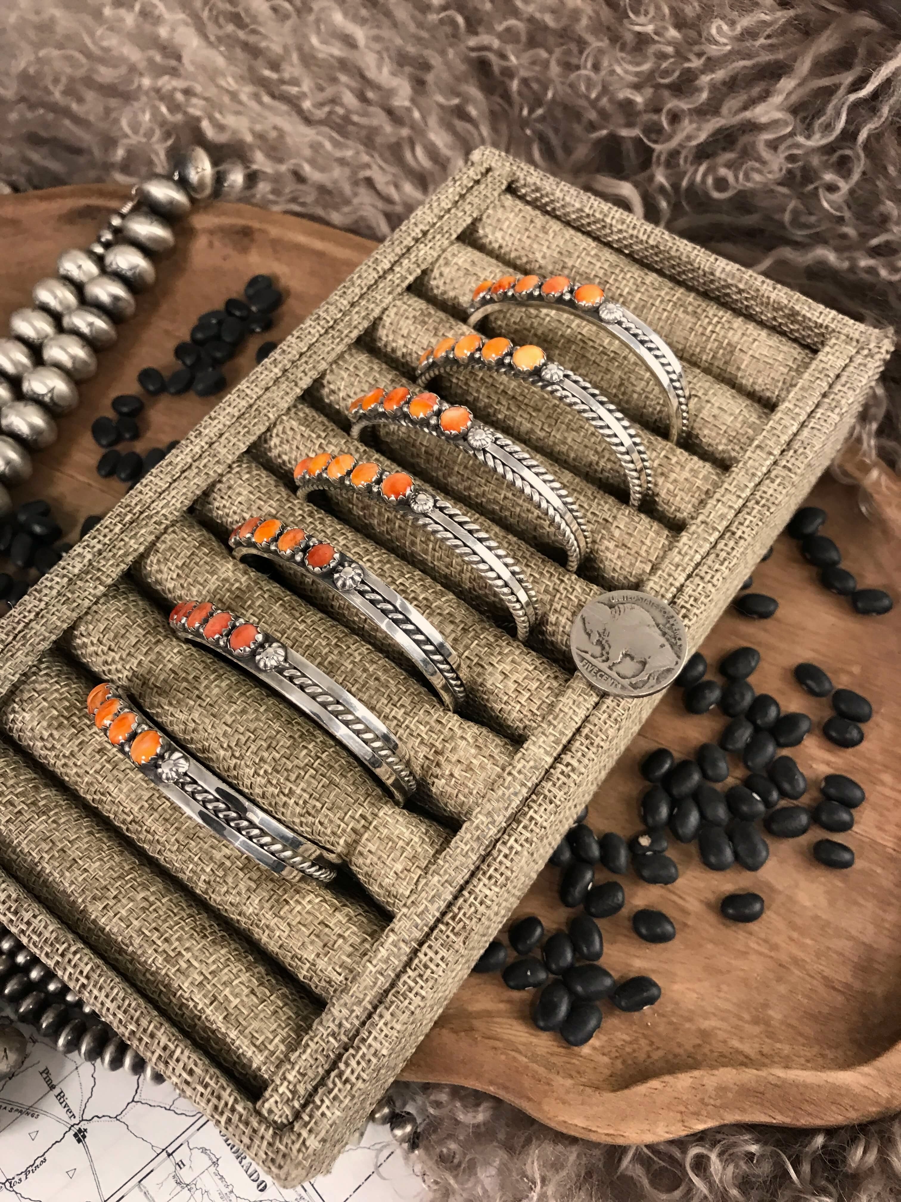 The San Miguel 5 Stone Spiny Cuffs-Bracelets & Cuffs-Calli Co., Turquoise and Silver Jewelry, Native American Handmade, Zuni Tribe, Navajo Tribe, Brock Texas