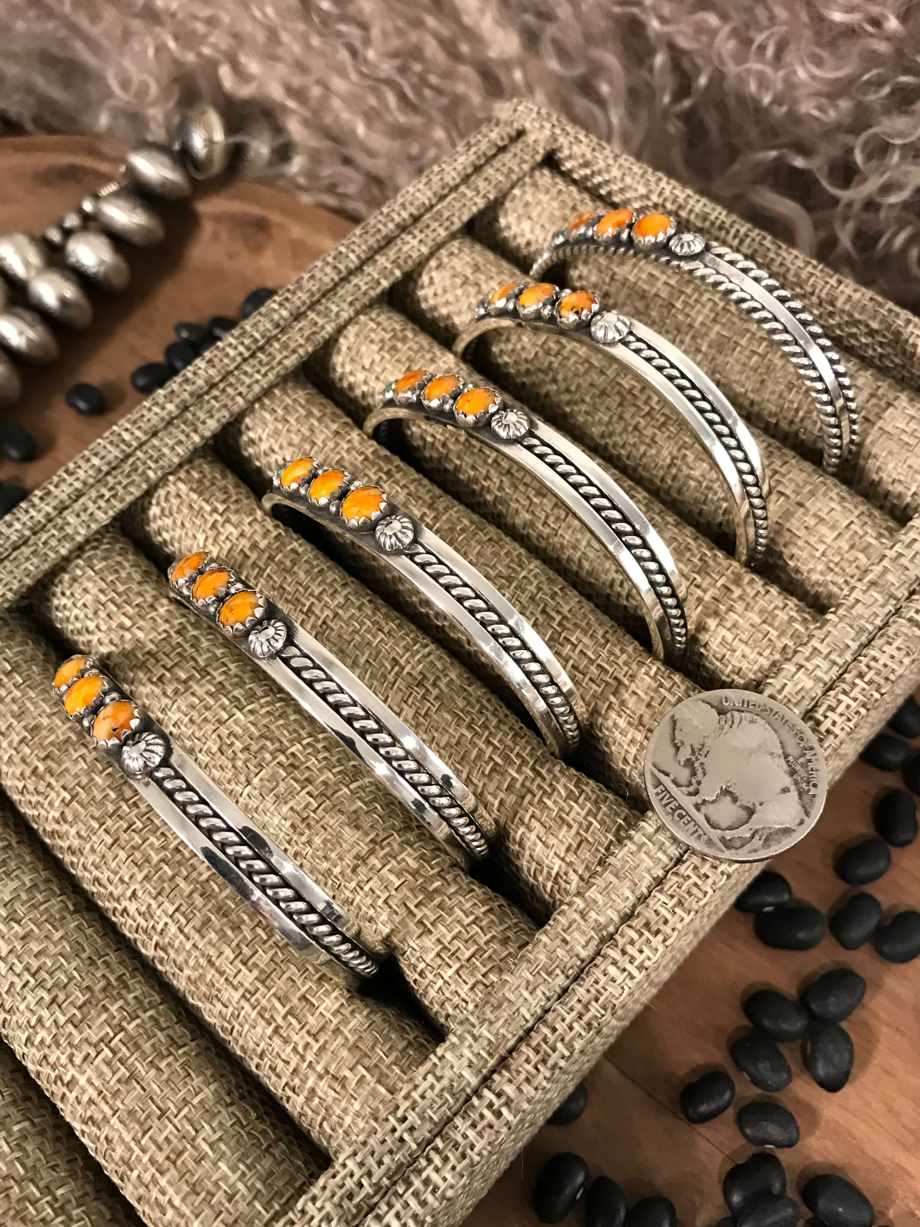 The Dandy 3 Stone Cuffs in Spiny-Bracelets & Cuffs-Calli Co., Turquoise and Silver Jewelry, Native American Handmade, Zuni Tribe, Navajo Tribe, Brock Texas