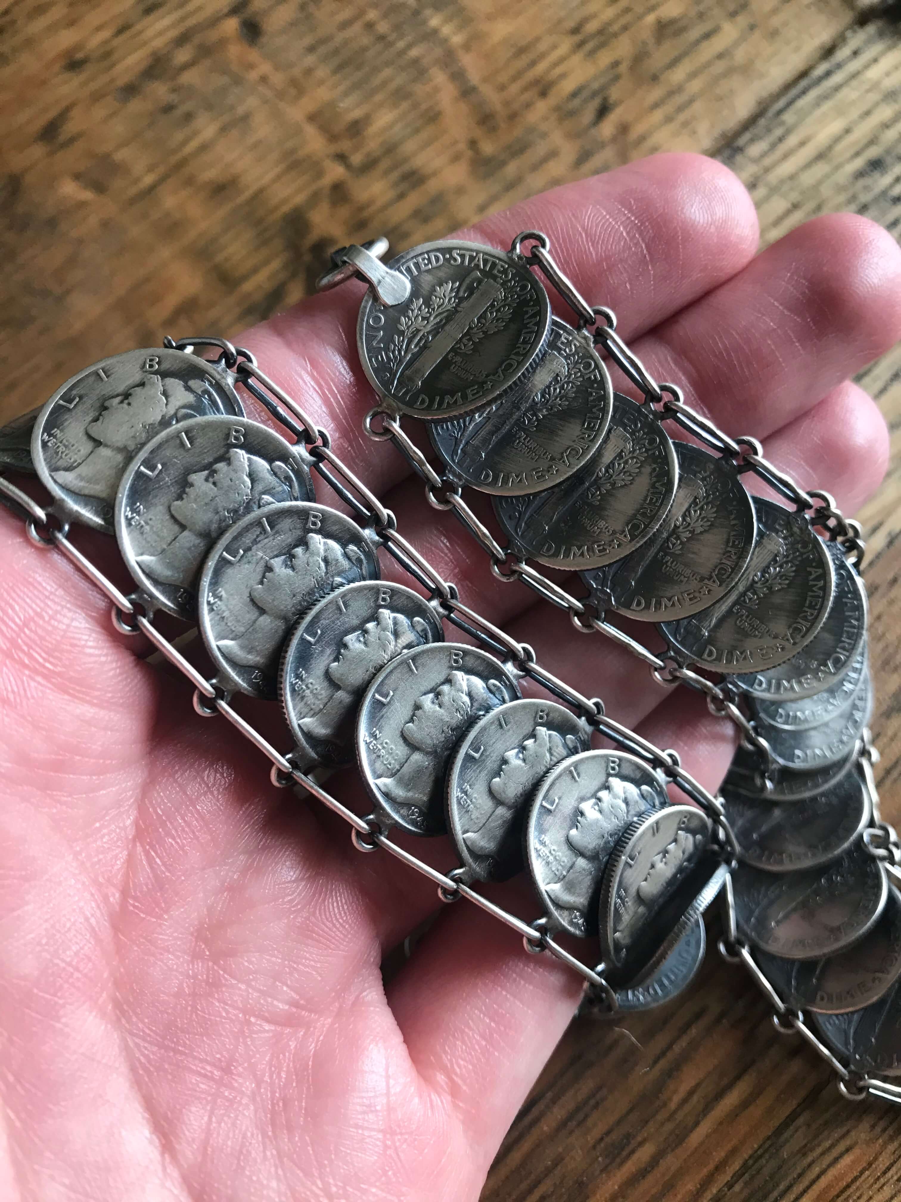 The Delaney Coin Link Bracelets-Bracelets & Cuffs-Calli Co., Turquoise and Silver Jewelry, Native American Handmade, Zuni Tribe, Navajo Tribe, Brock Texas