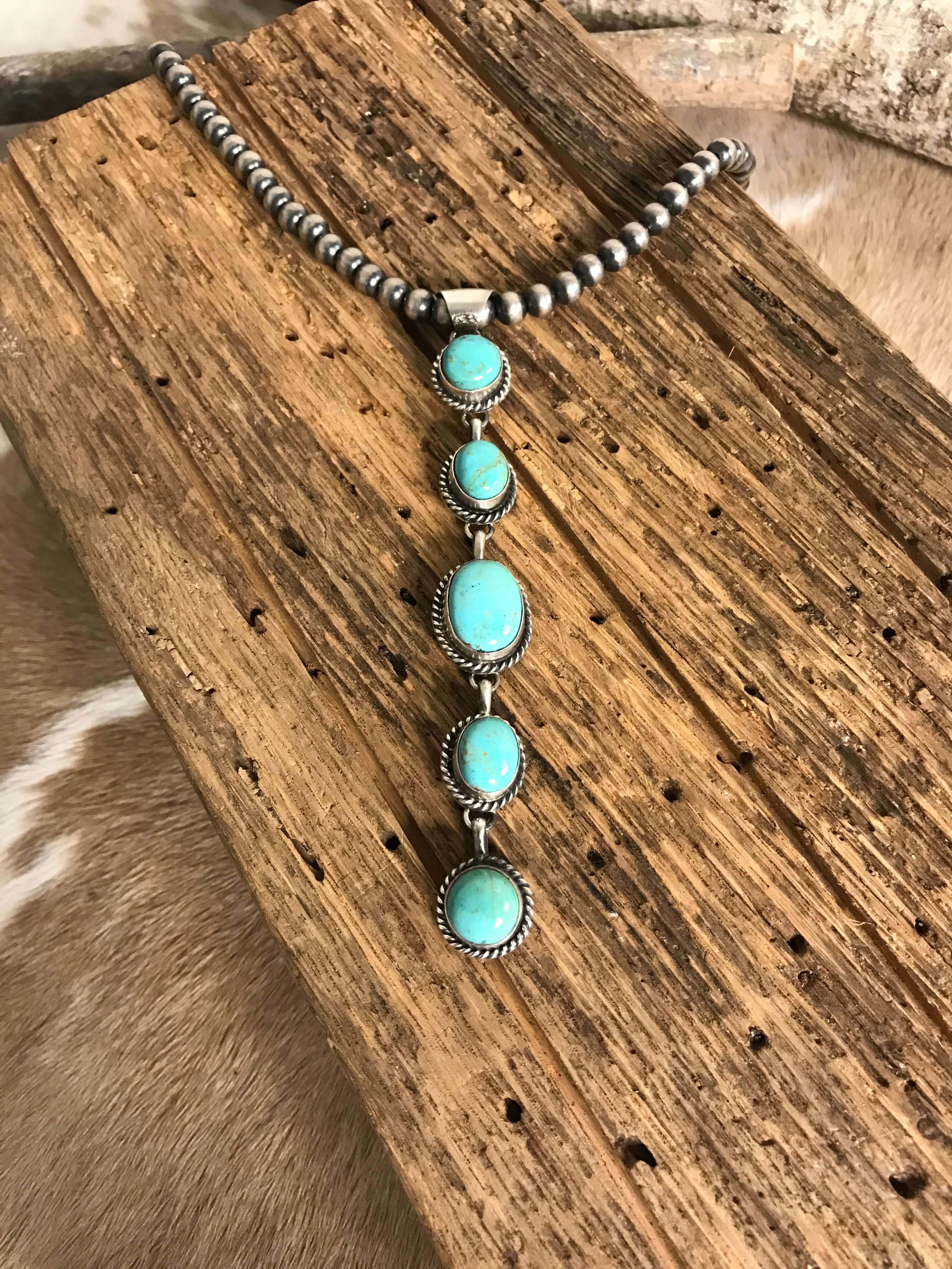 The Durango 5 Stone Lariat Pendant, 1-Necklaces-Calli Co., Turquoise and Silver Jewelry, Native American Handmade, Zuni Tribe, Navajo Tribe, Brock Texas