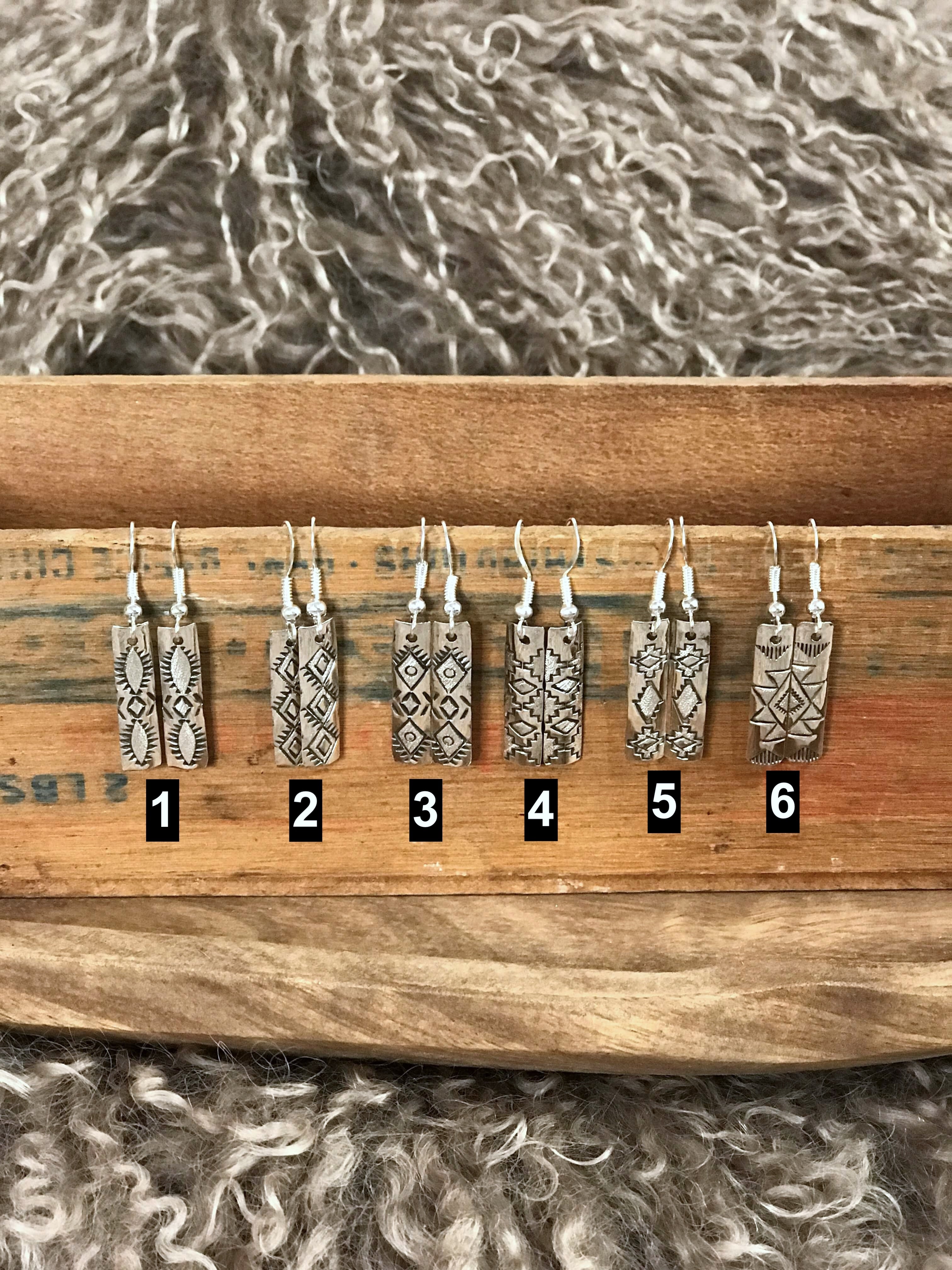 The Stamped Drop Earrings-Earrings-Calli Co., Turquoise and Silver Jewelry, Native American Handmade, Zuni Tribe, Navajo Tribe, Brock Texas