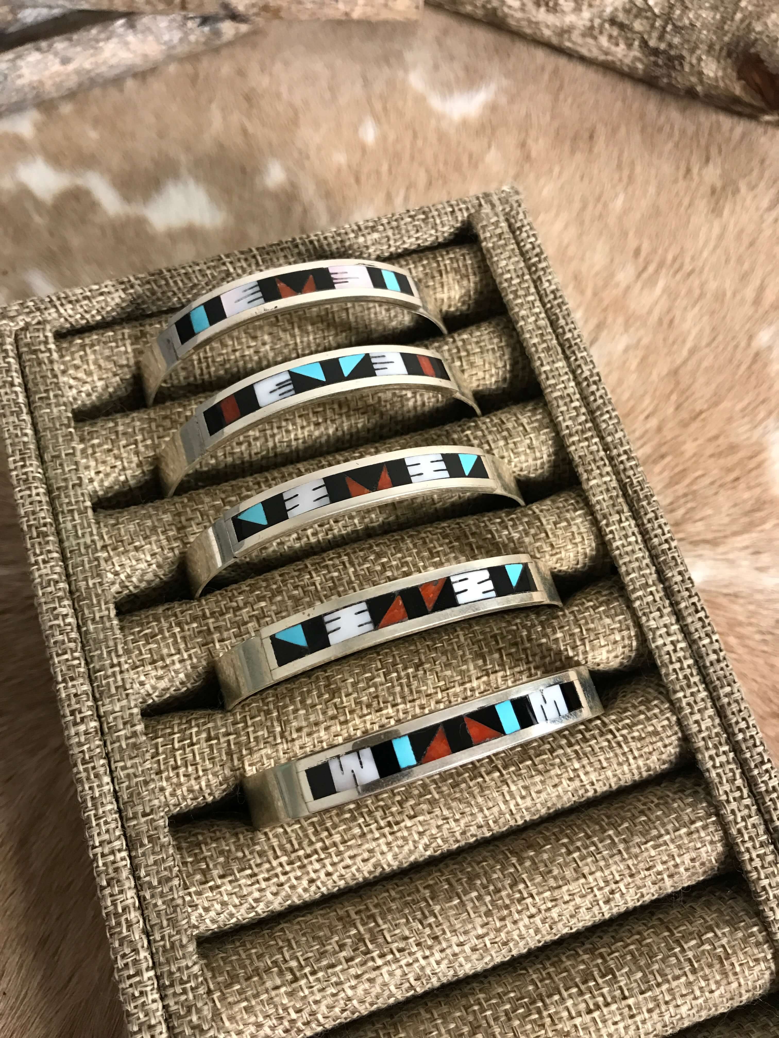 The Mendocino Inlay Cuffs-Bracelets & Cuffs-Calli Co., Turquoise and Silver Jewelry, Native American Handmade, Zuni Tribe, Navajo Tribe, Brock Texas