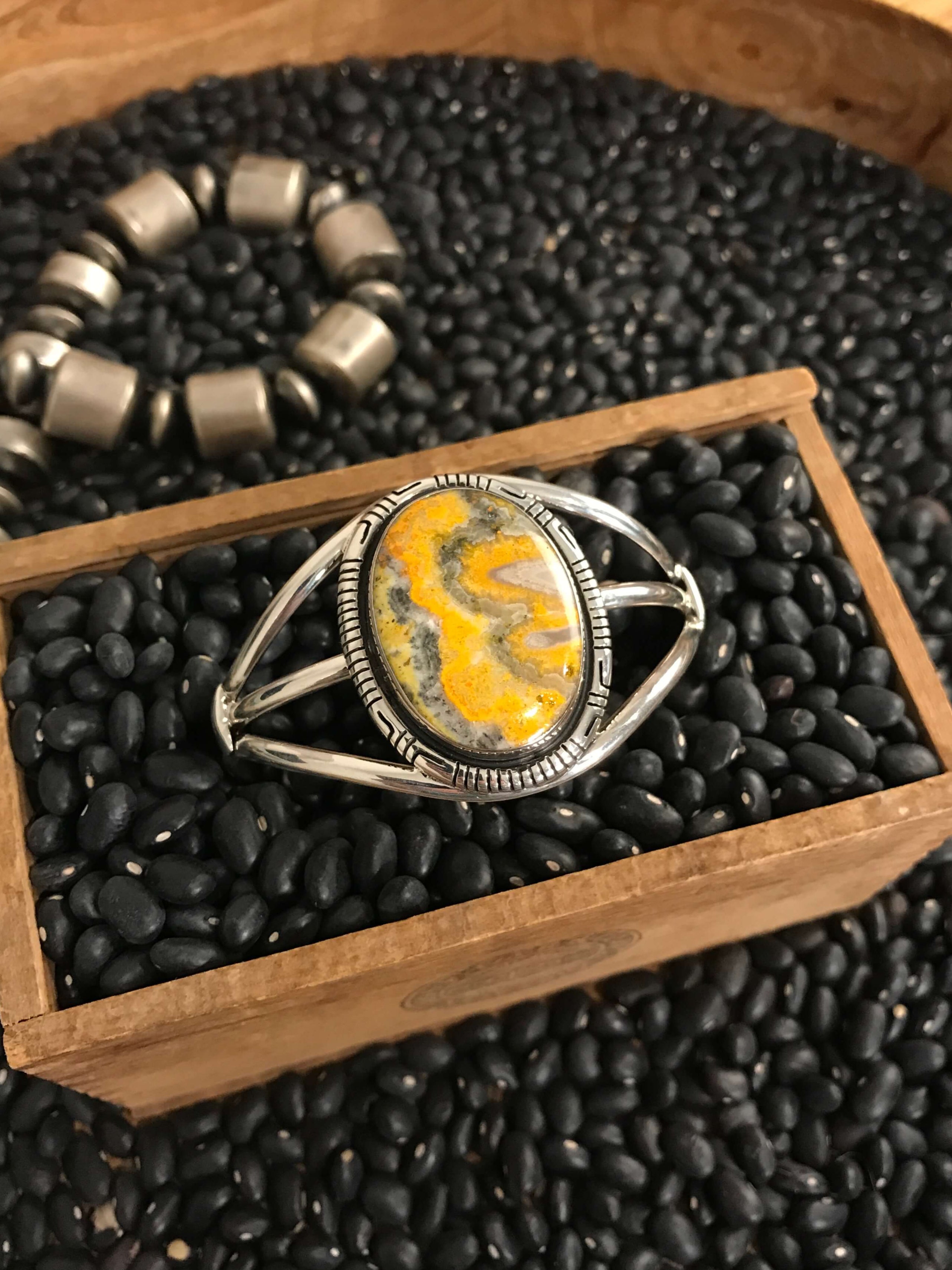 The Granada Bumblebee Cuff, 2-Bracelets & Cuffs-Calli Co., Turquoise and Silver Jewelry, Native American Handmade, Zuni Tribe, Navajo Tribe, Brock Texas