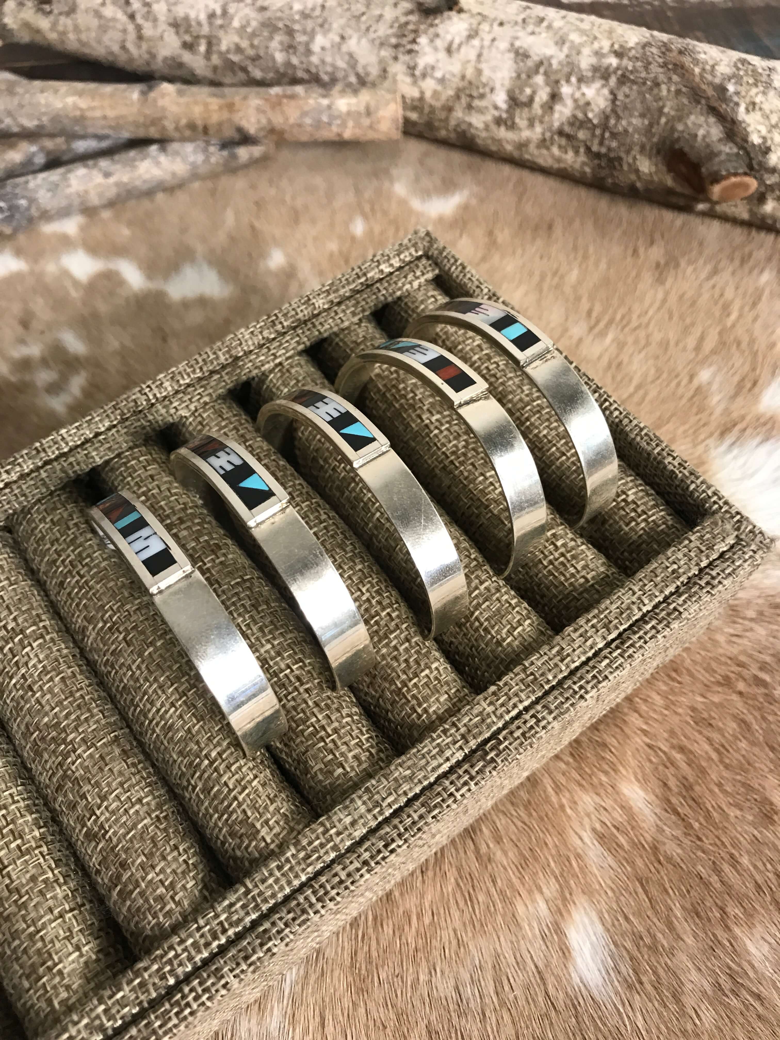 The Mendocino Inlay Cuffs-Bracelets & Cuffs-Calli Co., Turquoise and Silver Jewelry, Native American Handmade, Zuni Tribe, Navajo Tribe, Brock Texas