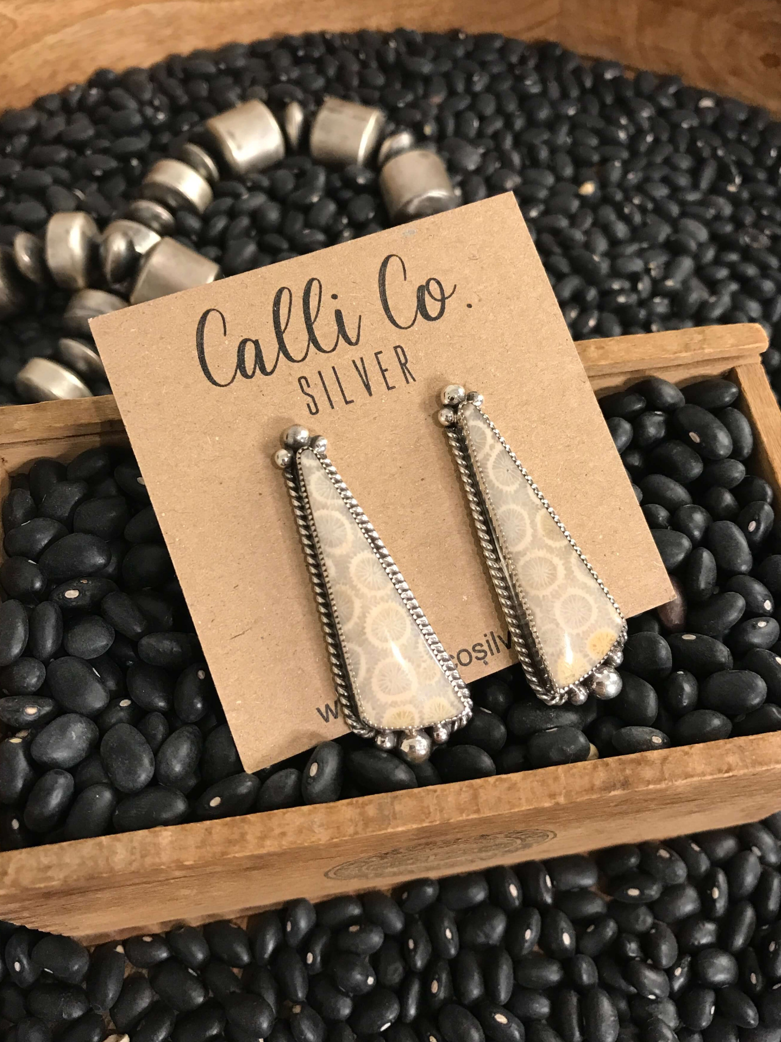 The Coral Fossil Earrings, 1-Earrings-Calli Co., Turquoise and Silver Jewelry, Native American Handmade, Zuni Tribe, Navajo Tribe, Brock Texas