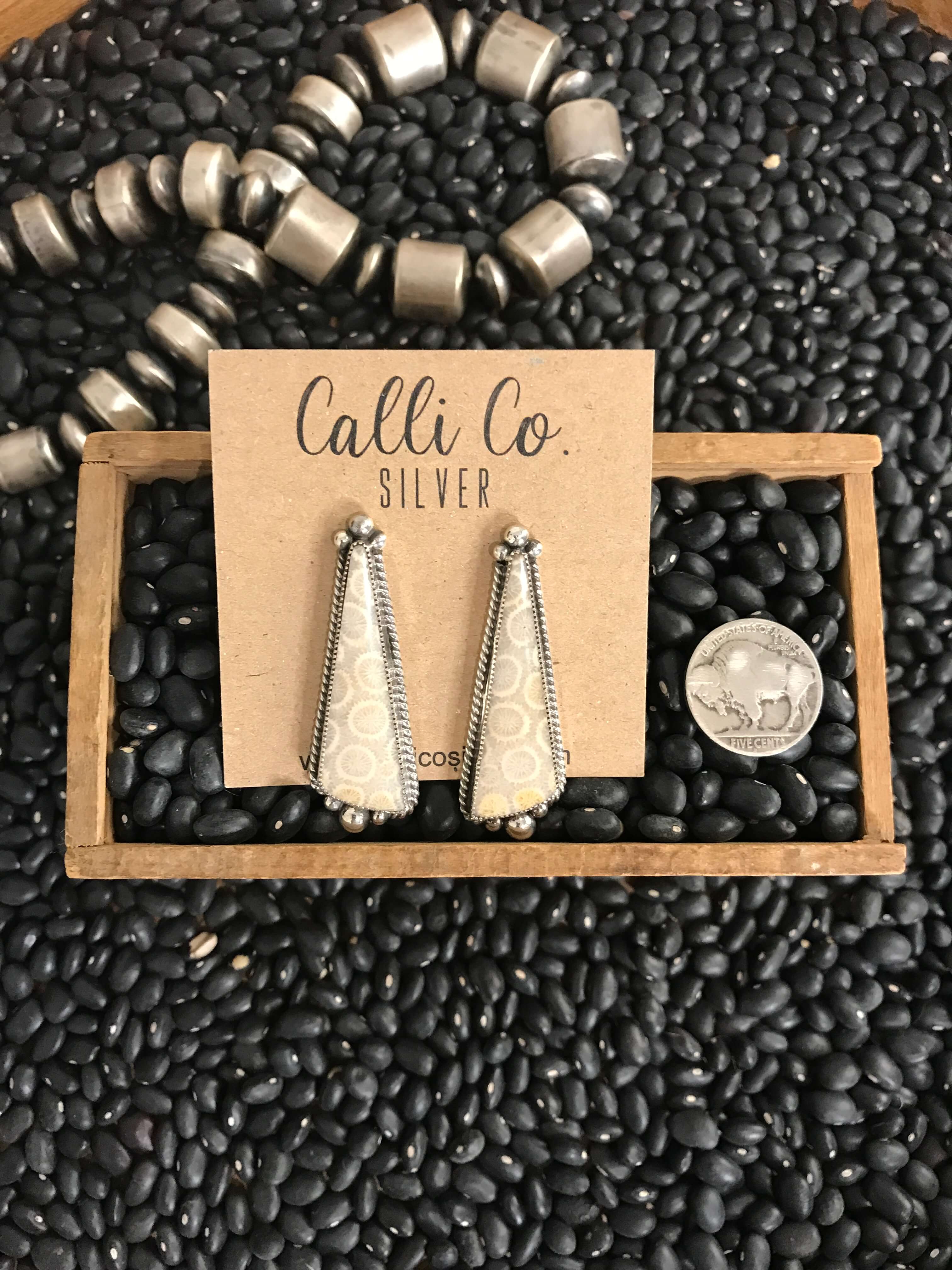 The Coral Fossil Earrings, 1-Earrings-Calli Co., Turquoise and Silver Jewelry, Native American Handmade, Zuni Tribe, Navajo Tribe, Brock Texas