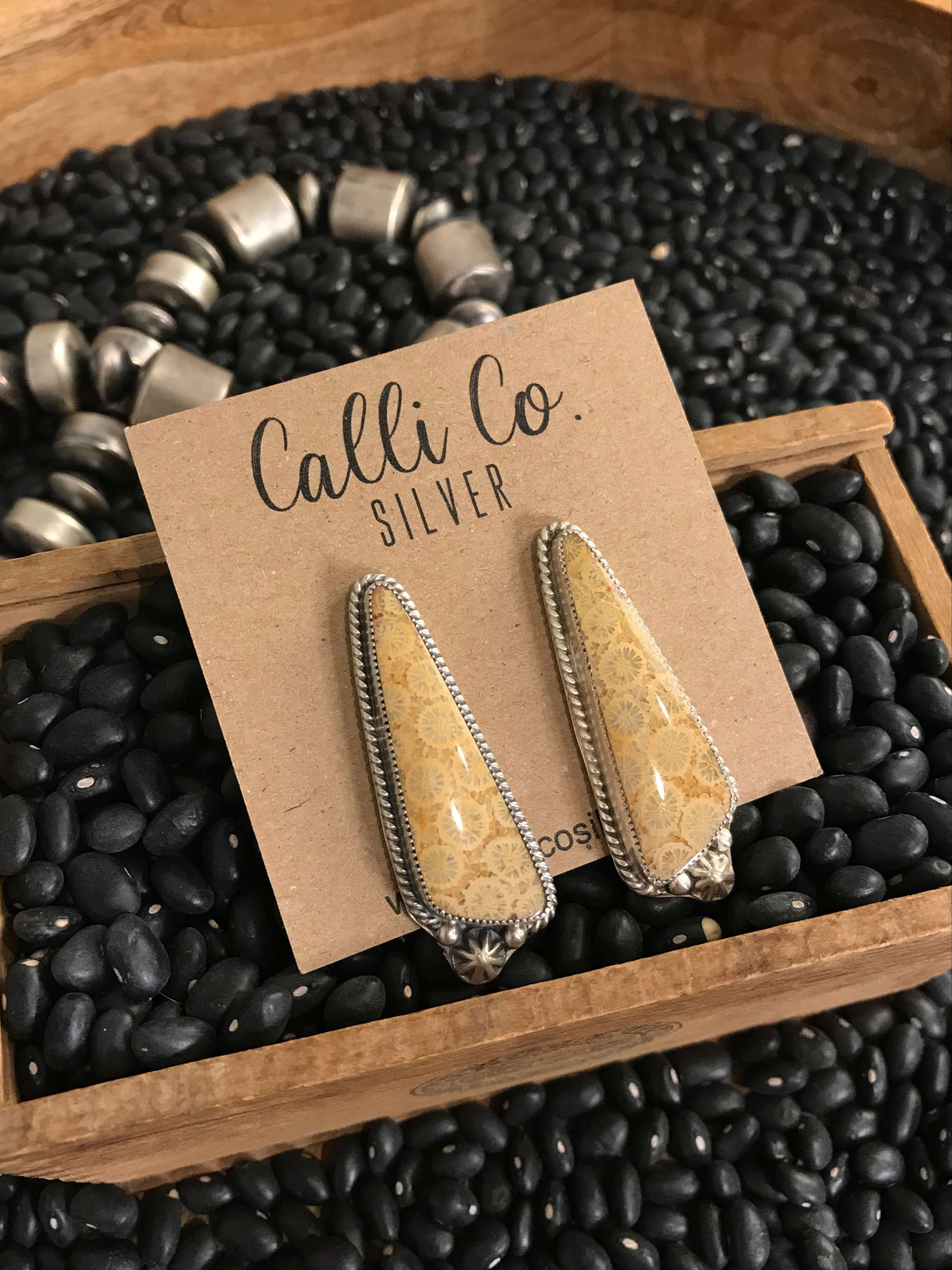 The Coral Fossil Earrings, 2-Earrings-Calli Co., Turquoise and Silver Jewelry, Native American Handmade, Zuni Tribe, Navajo Tribe, Brock Texas