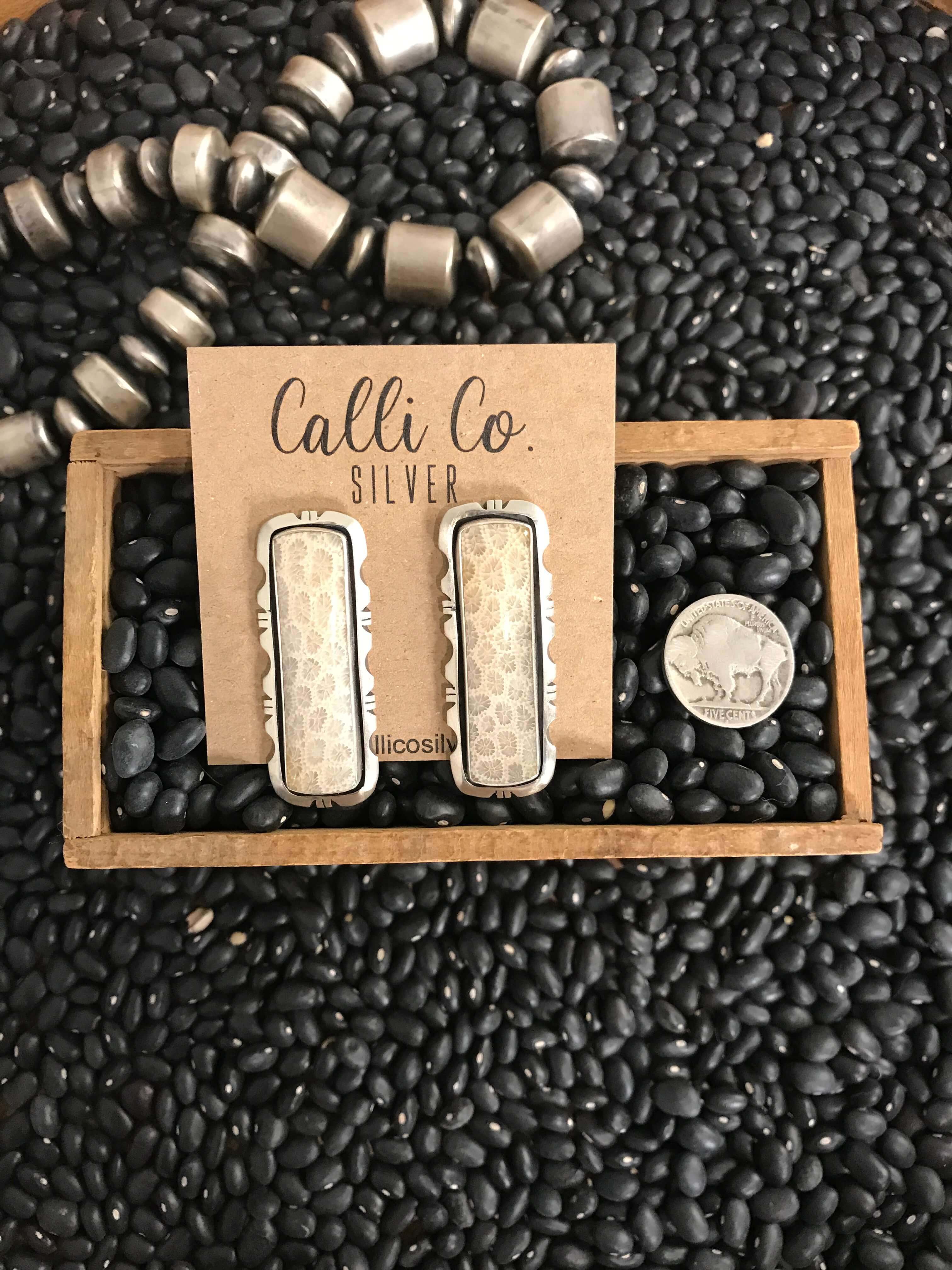 The Coral Fossil Earrings, 3-Earrings-Calli Co., Turquoise and Silver Jewelry, Native American Handmade, Zuni Tribe, Navajo Tribe, Brock Texas