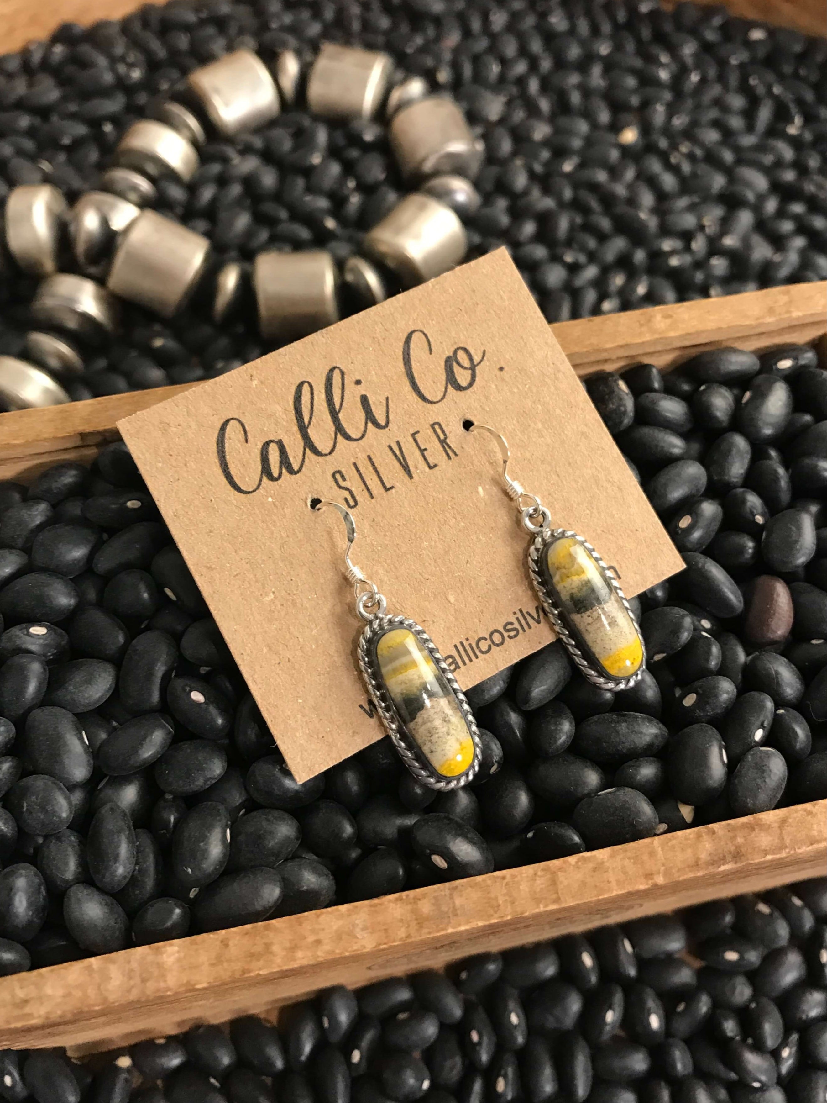 The Bumblebee Dangles, 1-Earrings-Calli Co., Turquoise and Silver Jewelry, Native American Handmade, Zuni Tribe, Navajo Tribe, Brock Texas