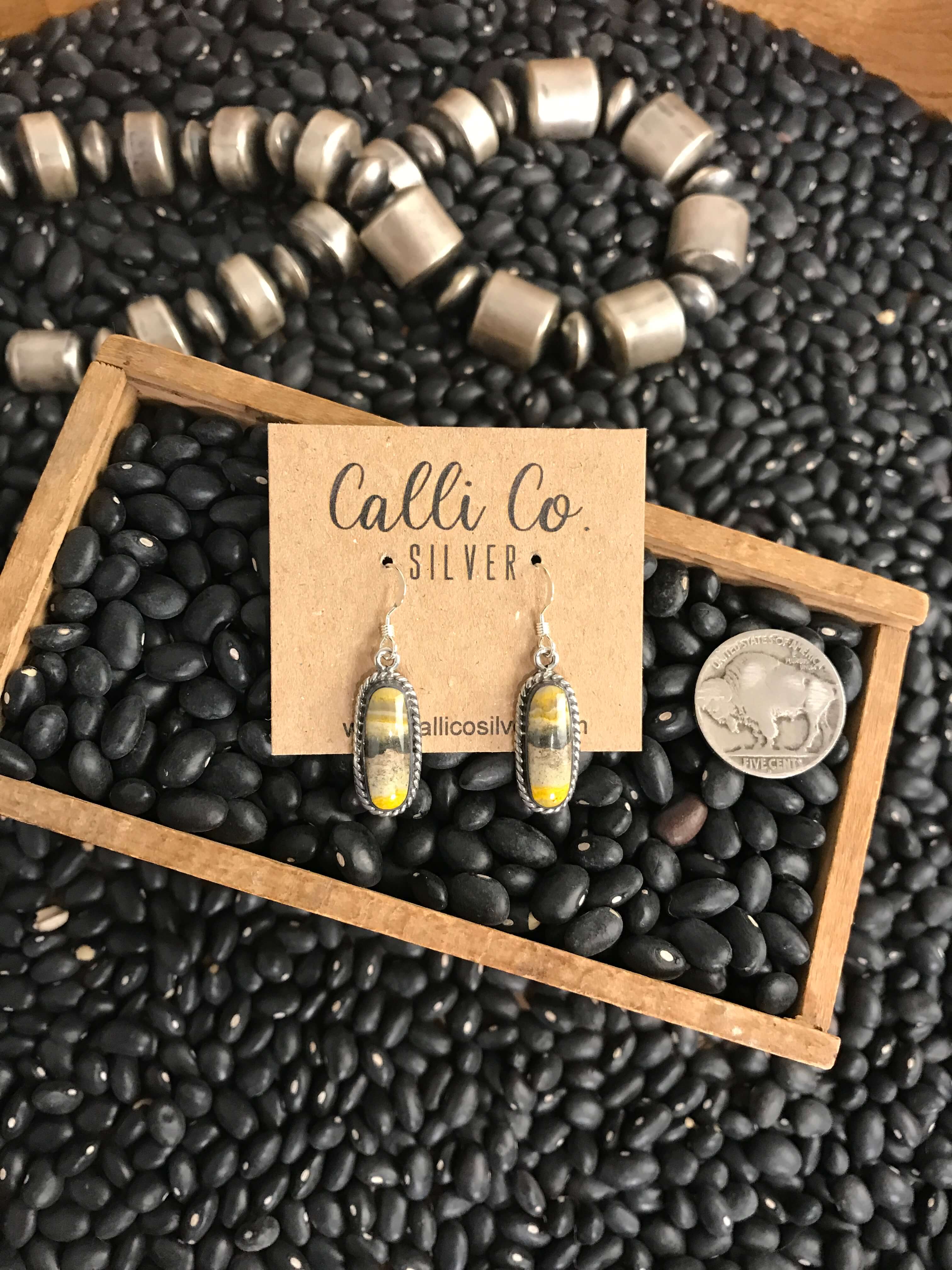 The Bumblebee Dangles, 1-Earrings-Calli Co., Turquoise and Silver Jewelry, Native American Handmade, Zuni Tribe, Navajo Tribe, Brock Texas