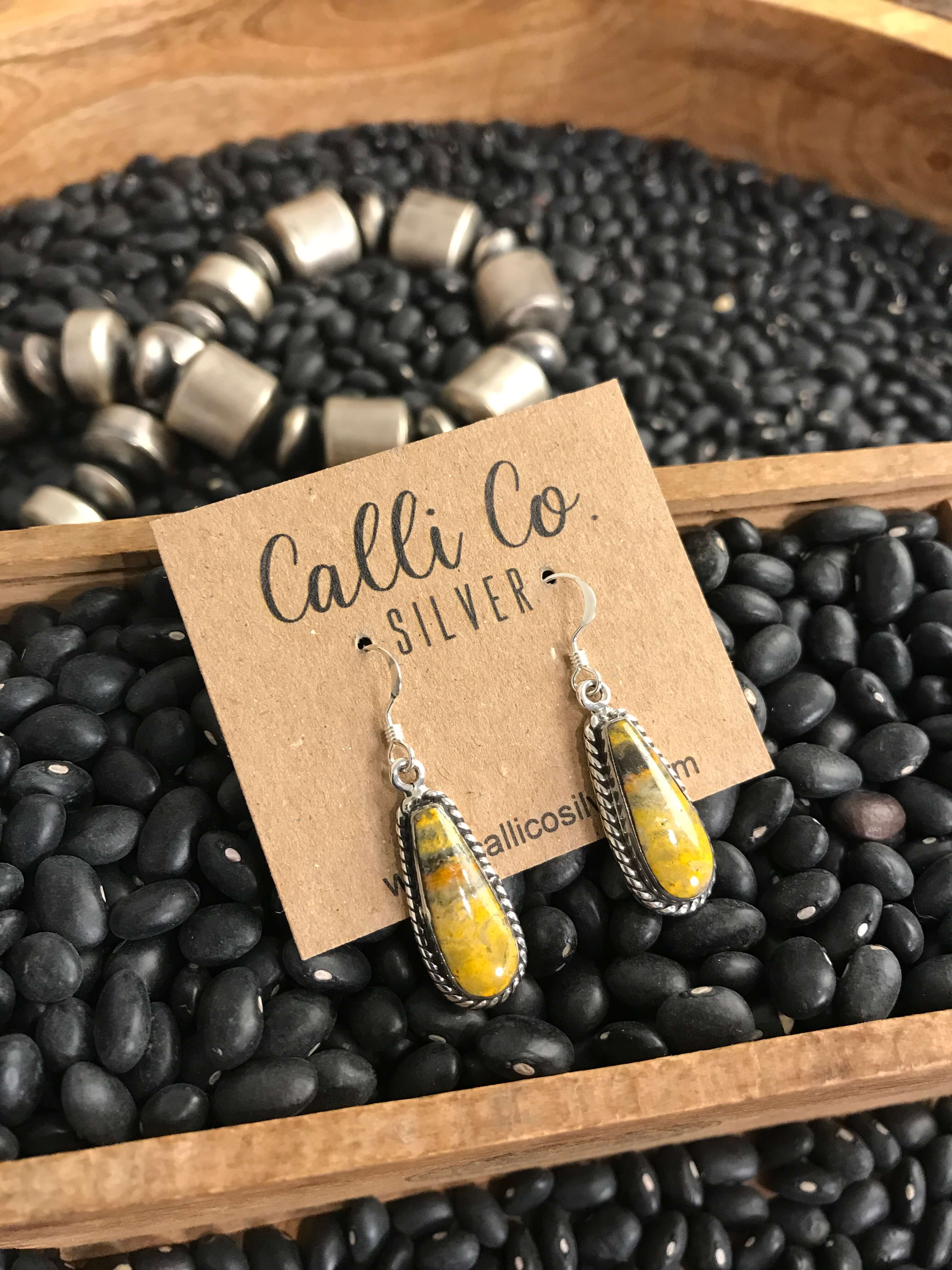 The Bumblebee Dangles, 2-Earrings-Calli Co., Turquoise and Silver Jewelry, Native American Handmade, Zuni Tribe, Navajo Tribe, Brock Texas