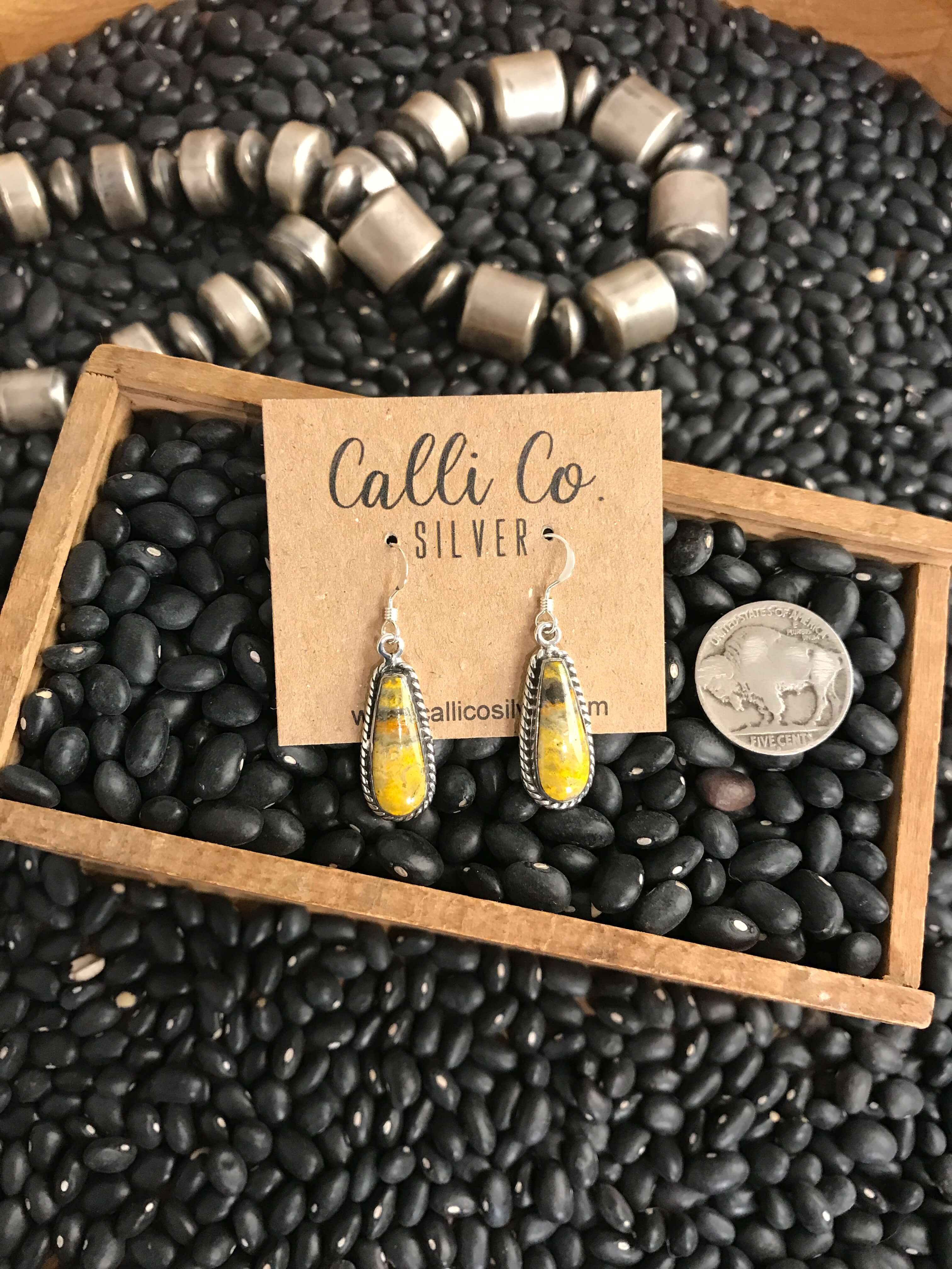 The Bumblebee Dangles, 2-Earrings-Calli Co., Turquoise and Silver Jewelry, Native American Handmade, Zuni Tribe, Navajo Tribe, Brock Texas