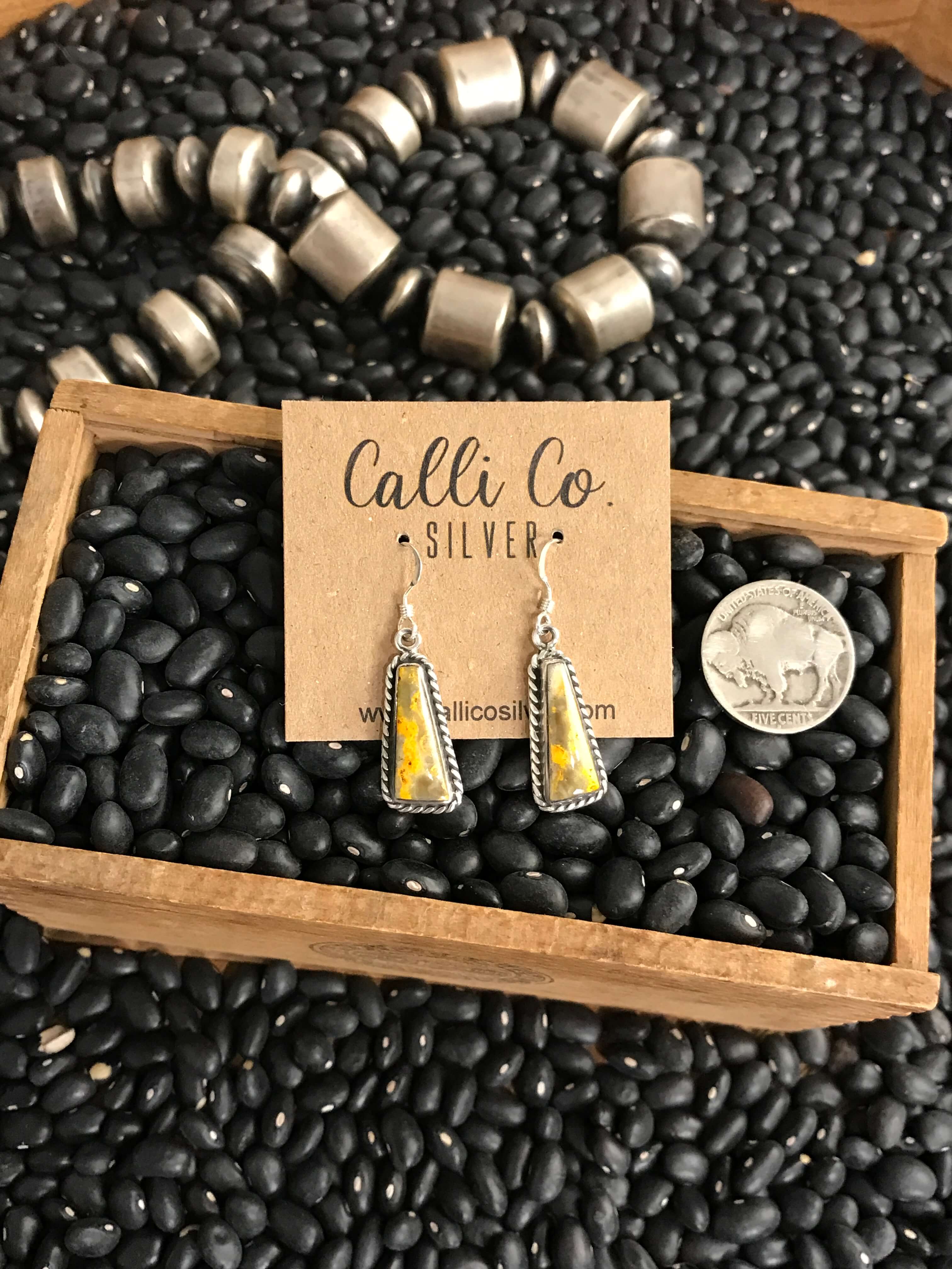 The Bumblebee Dangles, 3-Earrings-Calli Co., Turquoise and Silver Jewelry, Native American Handmade, Zuni Tribe, Navajo Tribe, Brock Texas