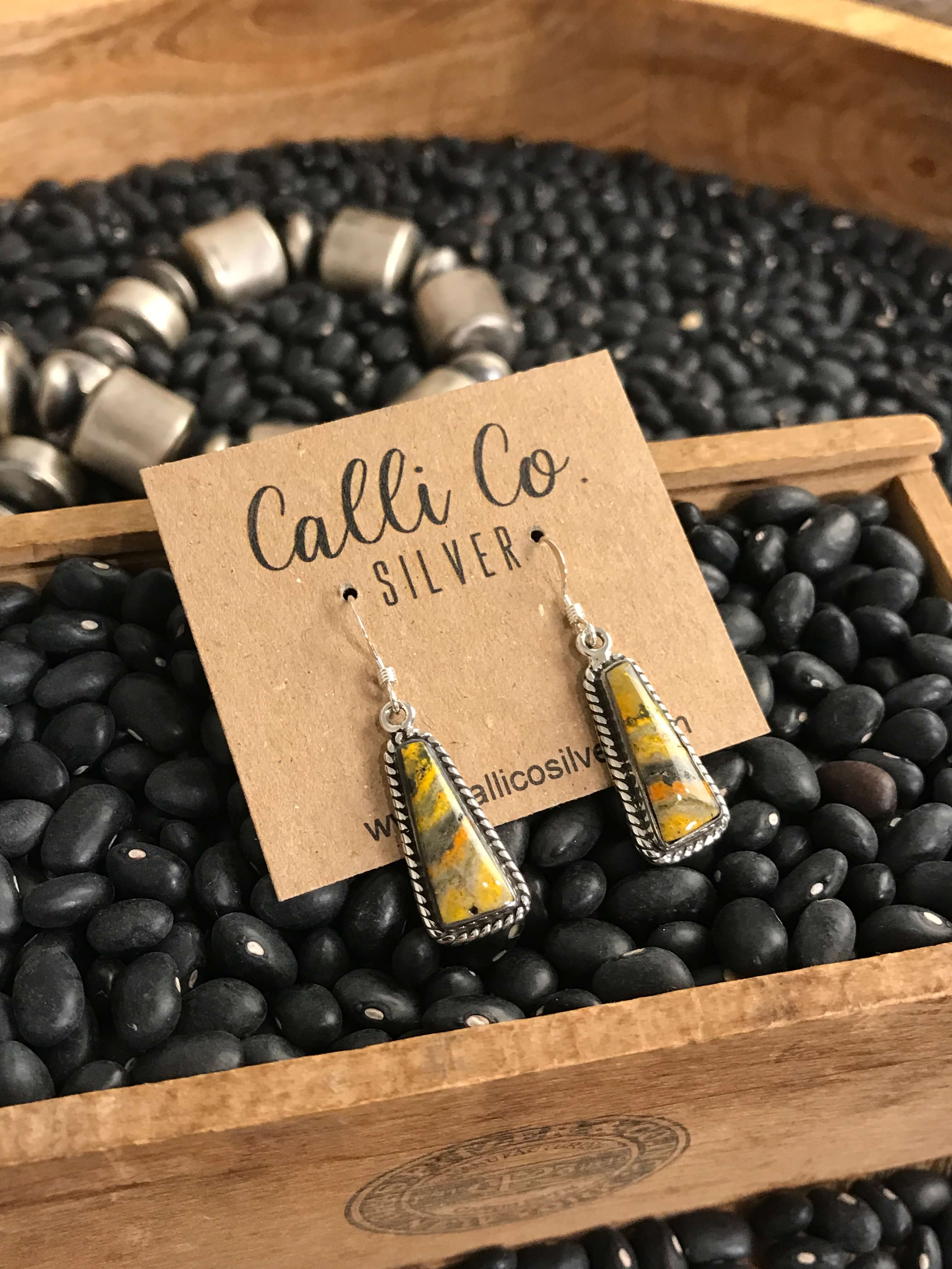 The Bumblebee Dangles, 4-Earrings-Calli Co., Turquoise and Silver Jewelry, Native American Handmade, Zuni Tribe, Navajo Tribe, Brock Texas