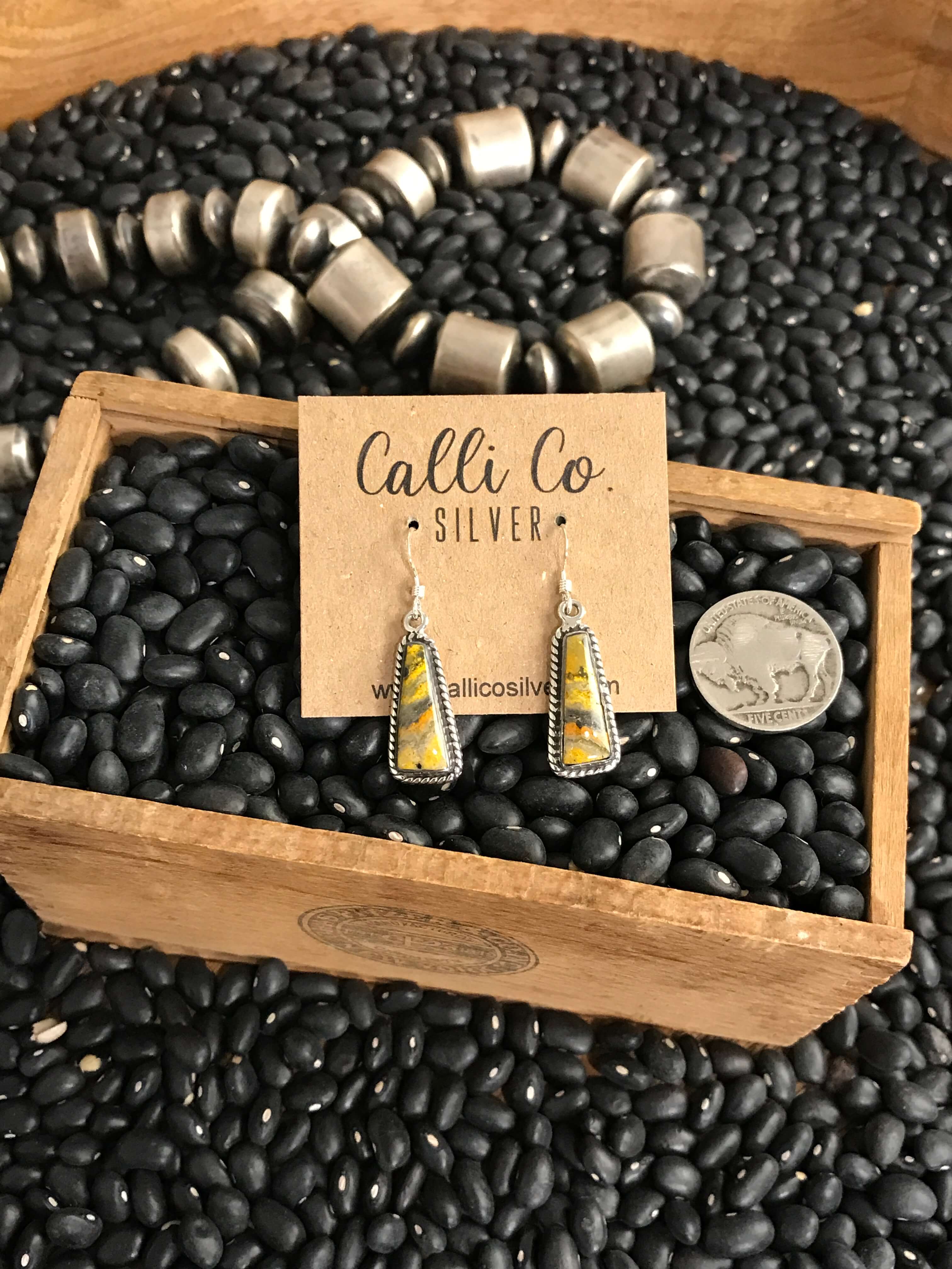 The Bumblebee Dangles, 4-Earrings-Calli Co., Turquoise and Silver Jewelry, Native American Handmade, Zuni Tribe, Navajo Tribe, Brock Texas