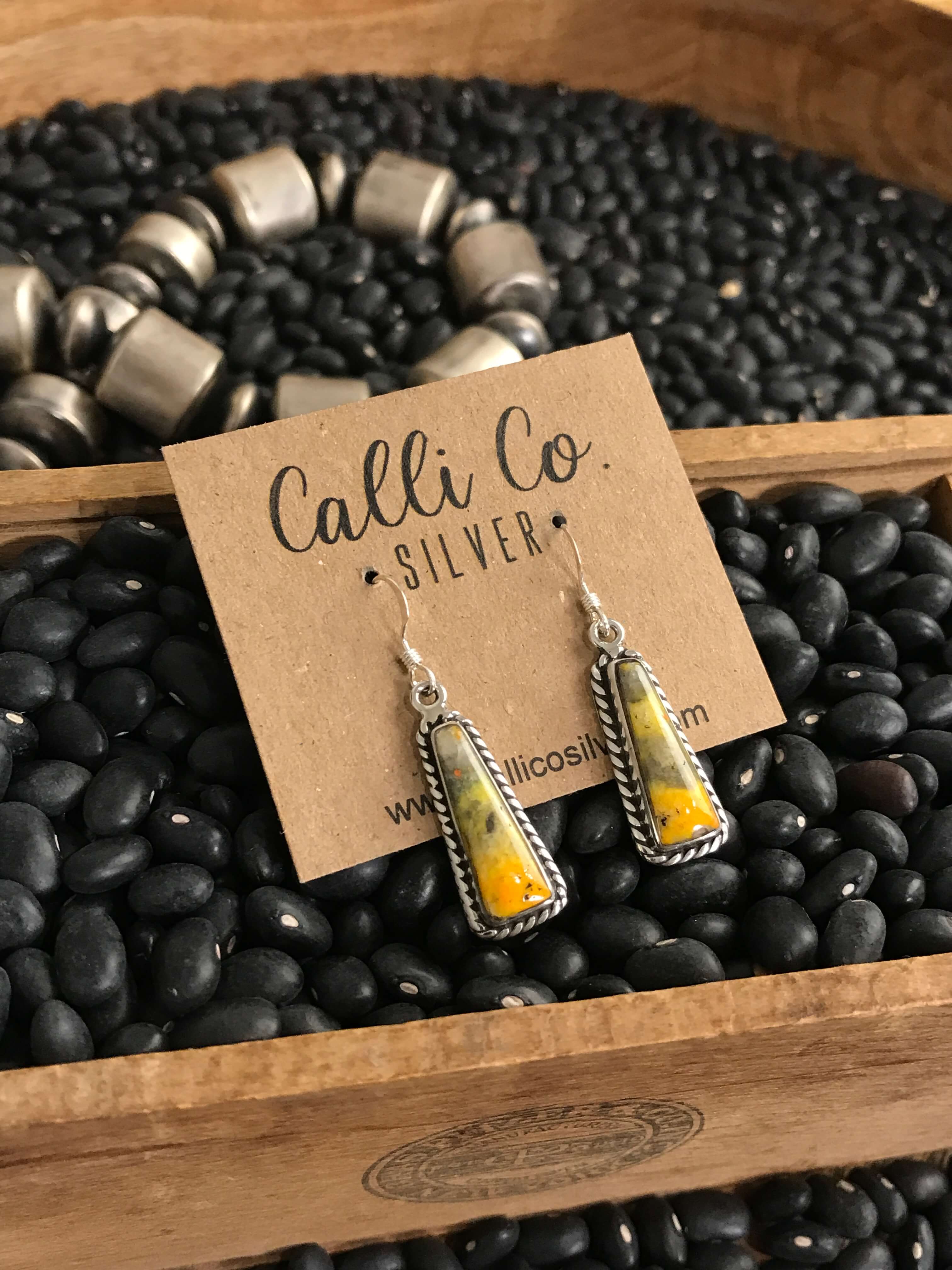 The Bumblebee Dangles, 5-Earrings-Calli Co., Turquoise and Silver Jewelry, Native American Handmade, Zuni Tribe, Navajo Tribe, Brock Texas