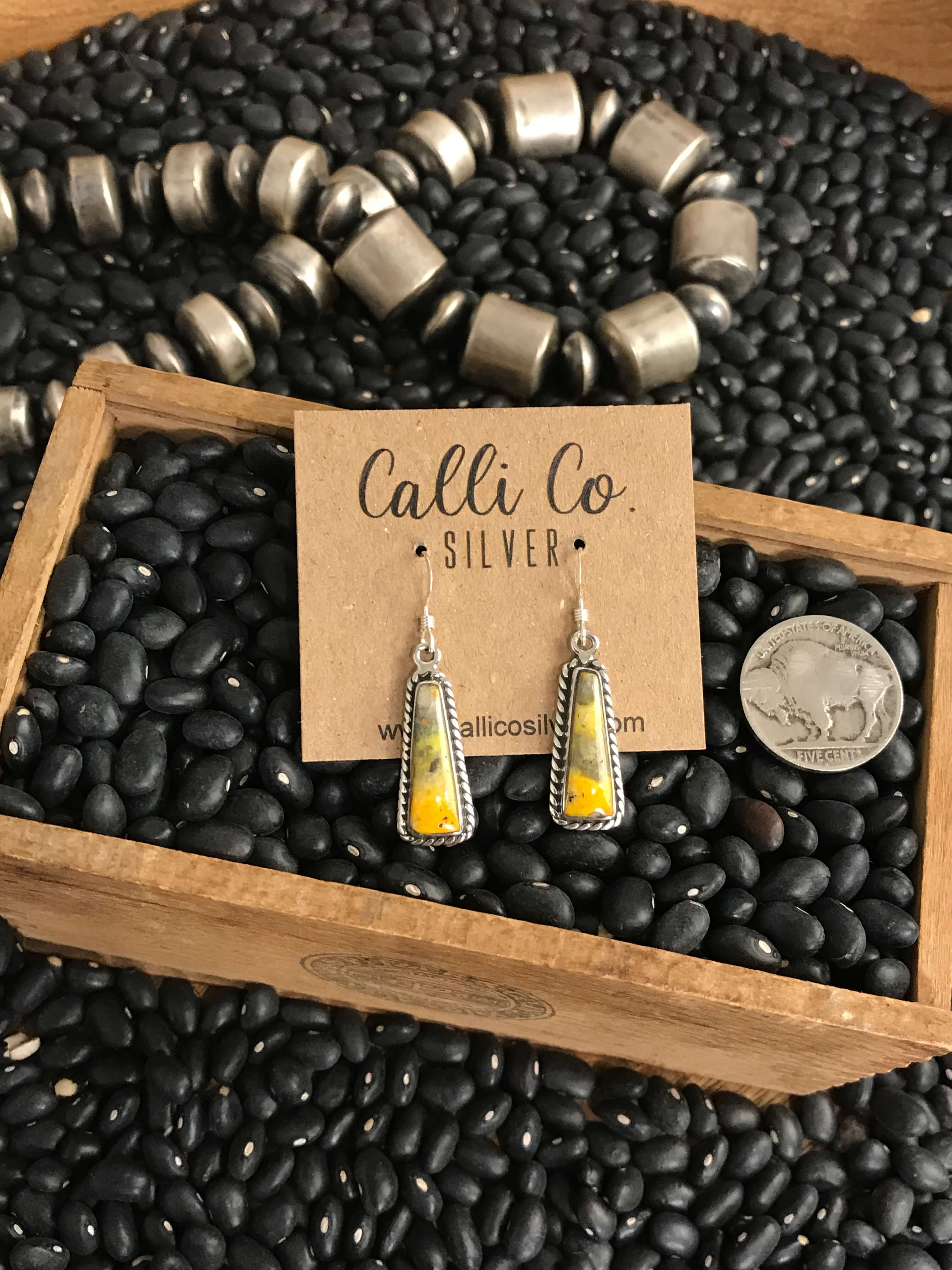 The Bumblebee Dangles, 5-Earrings-Calli Co., Turquoise and Silver Jewelry, Native American Handmade, Zuni Tribe, Navajo Tribe, Brock Texas