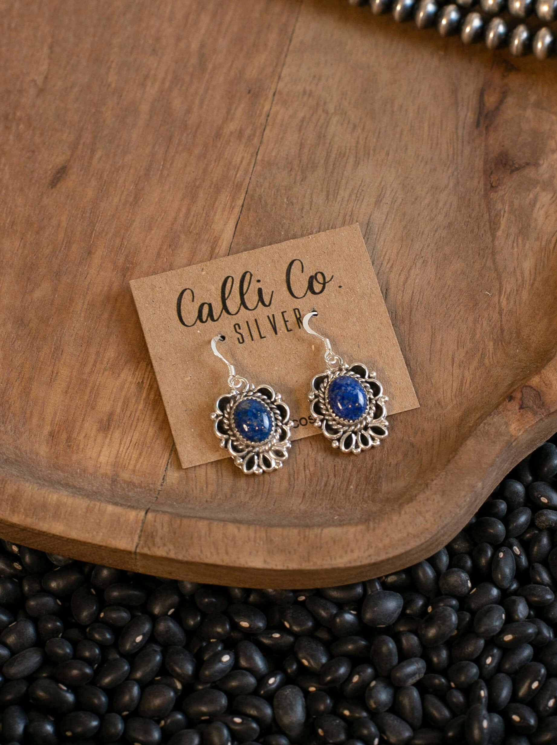 The Talia Earrings in Lapis, 1-Earrings-Calli Co., Turquoise and Silver Jewelry, Native American Handmade, Zuni Tribe, Navajo Tribe, Brock Texas