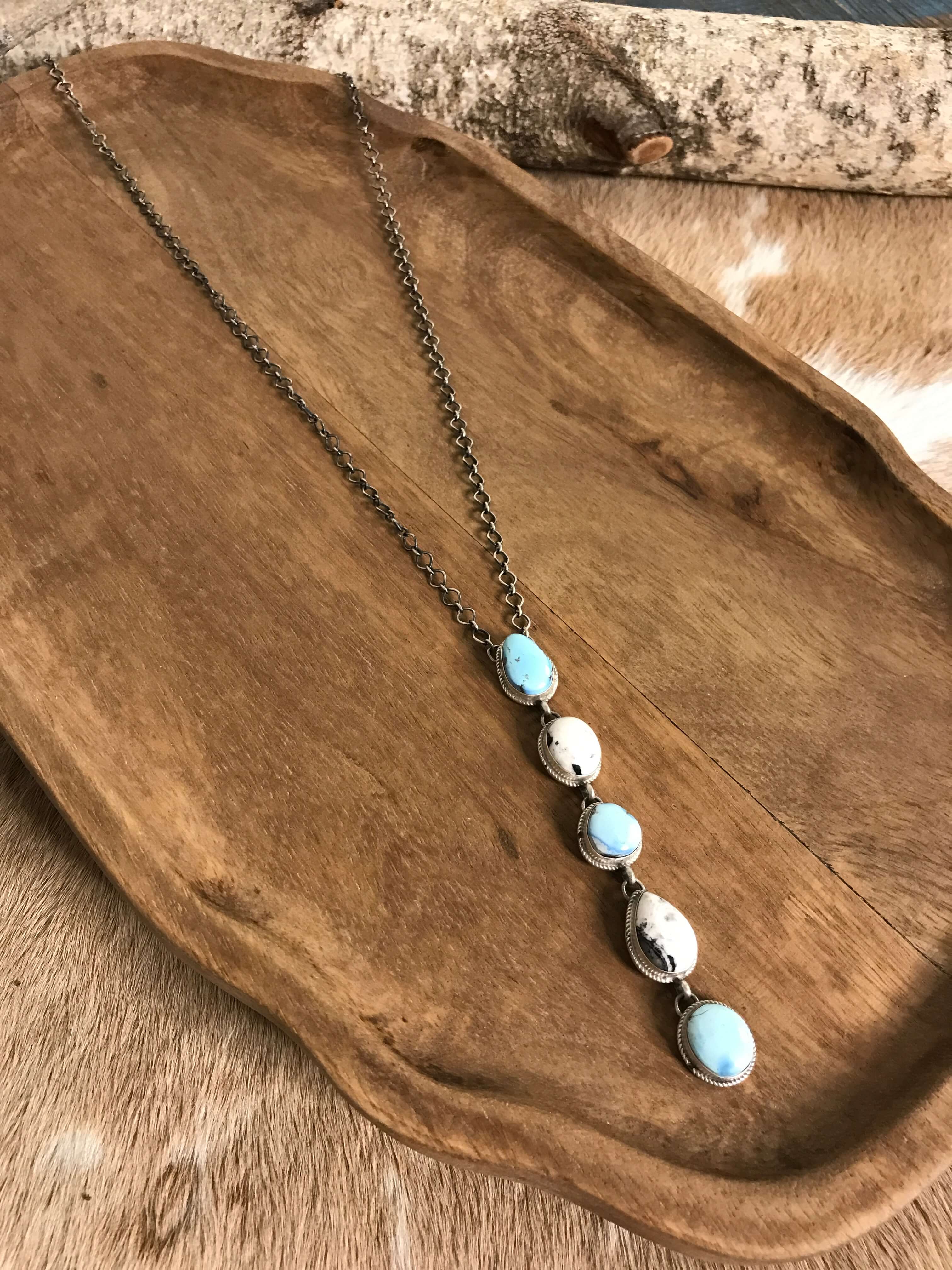 The Arroyo 5 Stone Lariat Necklace, 1-Necklaces-Calli Co., Turquoise and Silver Jewelry, Native American Handmade, Zuni Tribe, Navajo Tribe, Brock Texas