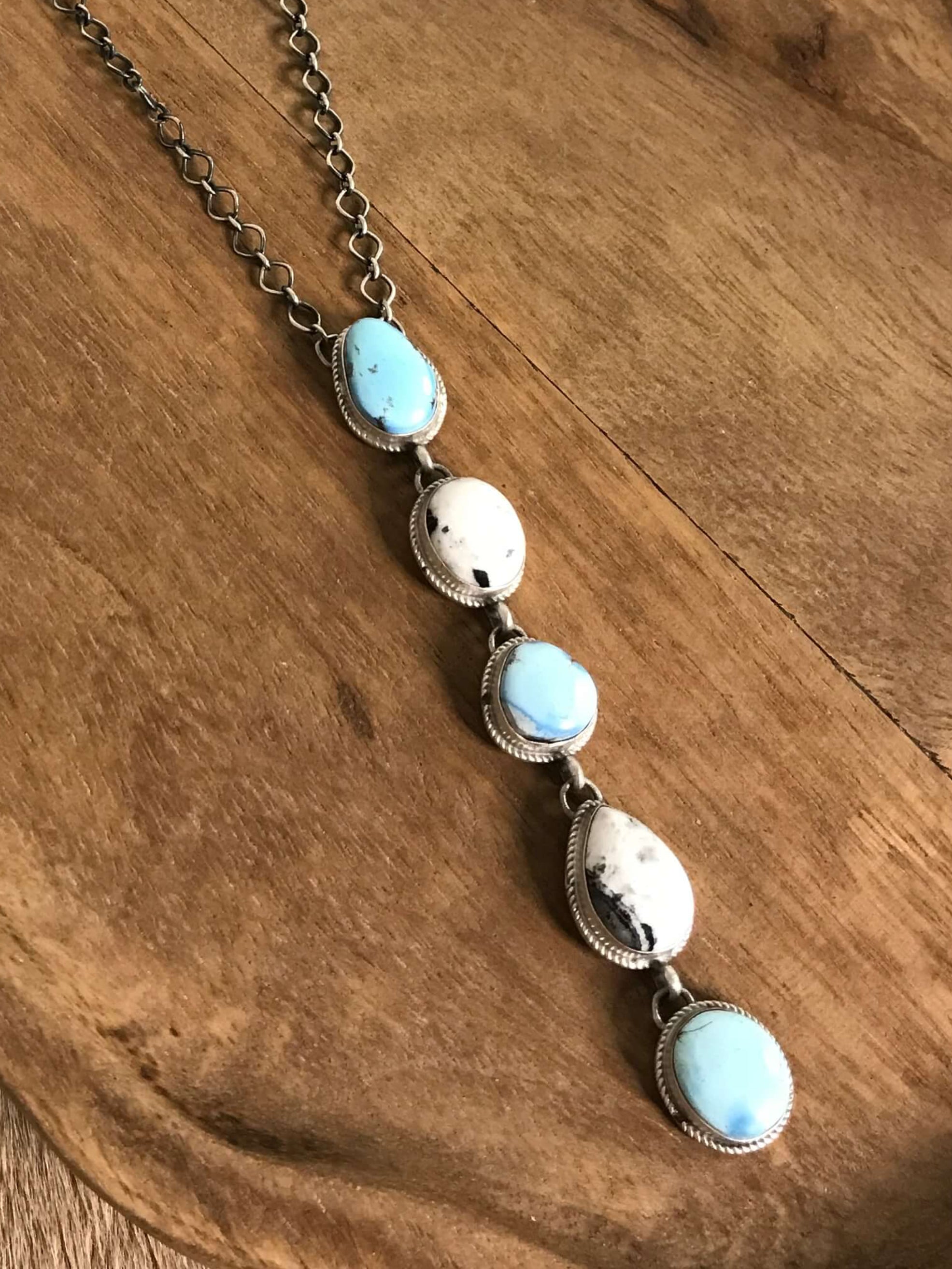 The Arroyo 5 Stone Lariat Necklace, 1-Necklaces-Calli Co., Turquoise and Silver Jewelry, Native American Handmade, Zuni Tribe, Navajo Tribe, Brock Texas