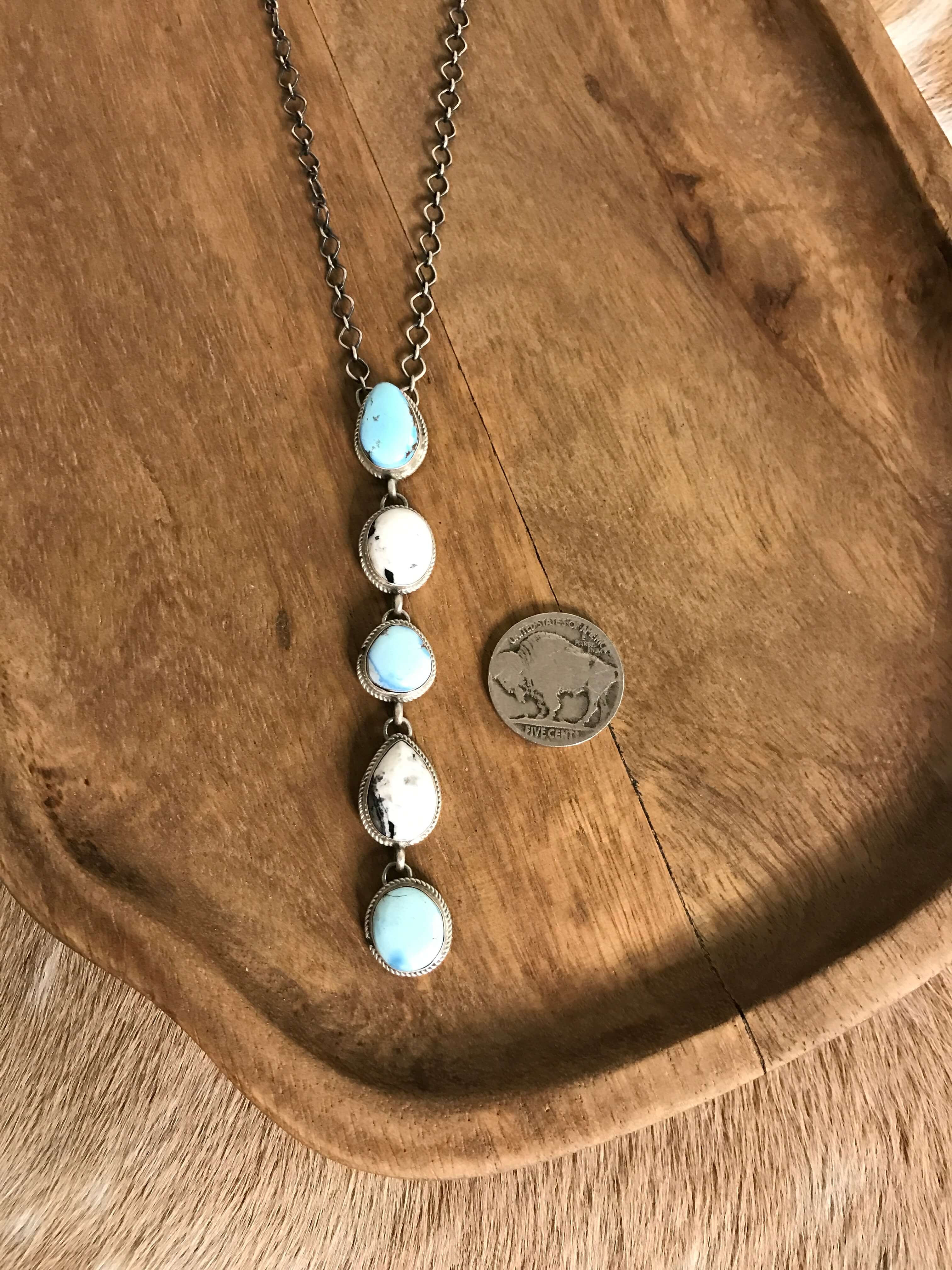 The Arroyo 5 Stone Lariat Necklace, 1-Necklaces-Calli Co., Turquoise and Silver Jewelry, Native American Handmade, Zuni Tribe, Navajo Tribe, Brock Texas
