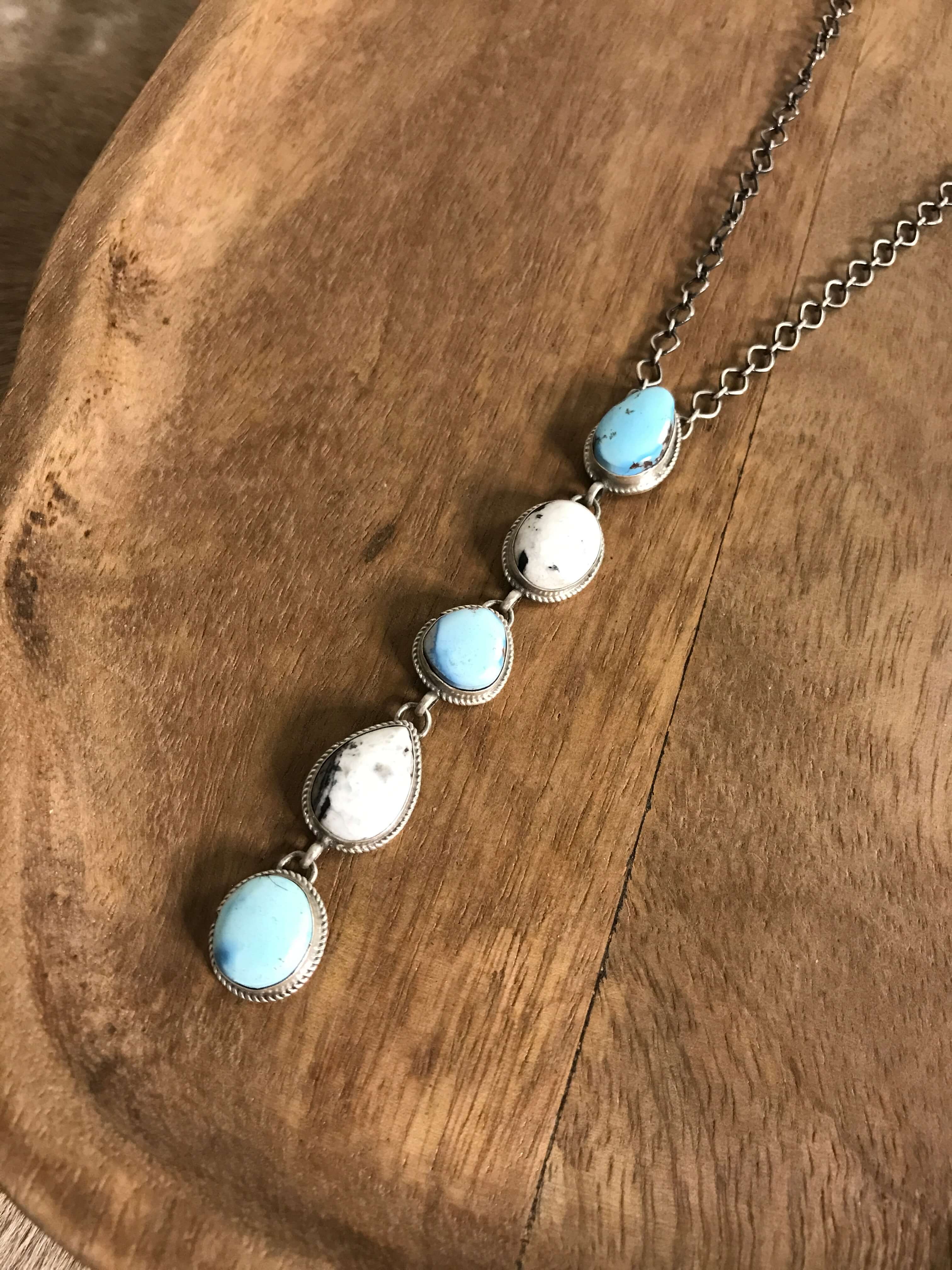 The Arroyo 5 Stone Lariat Necklace, 1-Necklaces-Calli Co., Turquoise and Silver Jewelry, Native American Handmade, Zuni Tribe, Navajo Tribe, Brock Texas