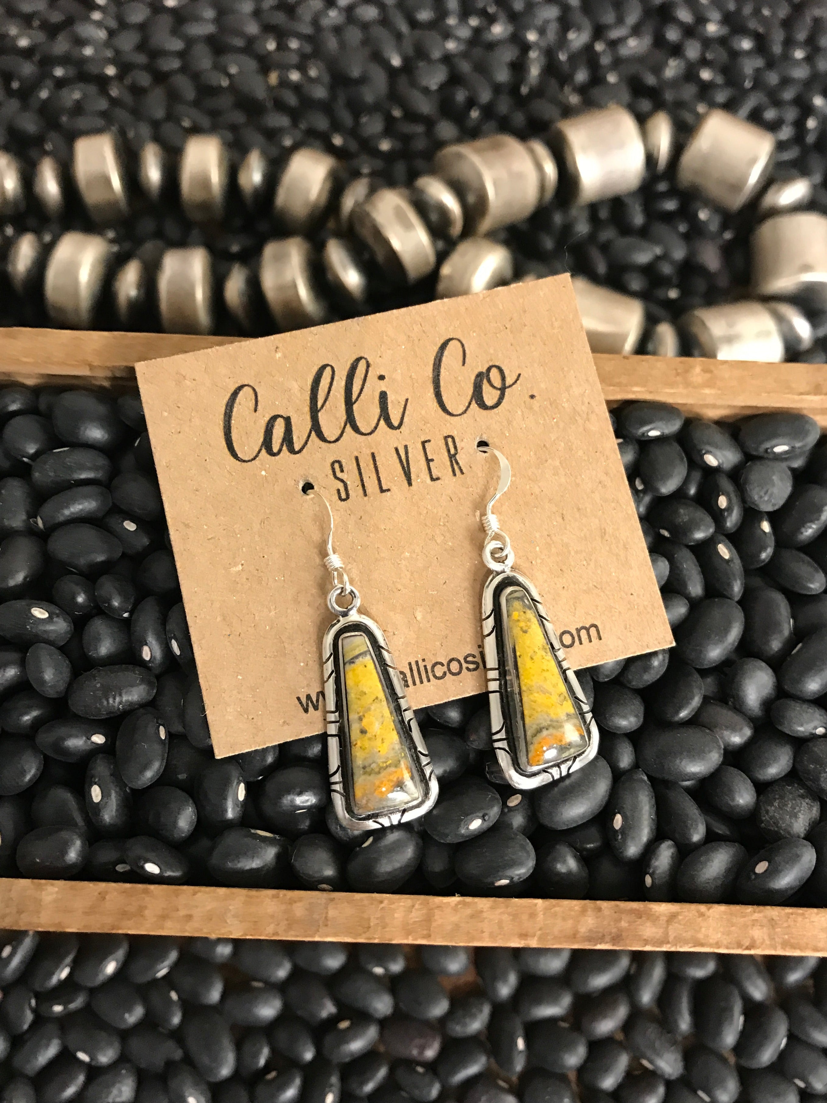 The Bumblebee Dangles, 6-Earrings-Calli Co., Turquoise and Silver Jewelry, Native American Handmade, Zuni Tribe, Navajo Tribe, Brock Texas