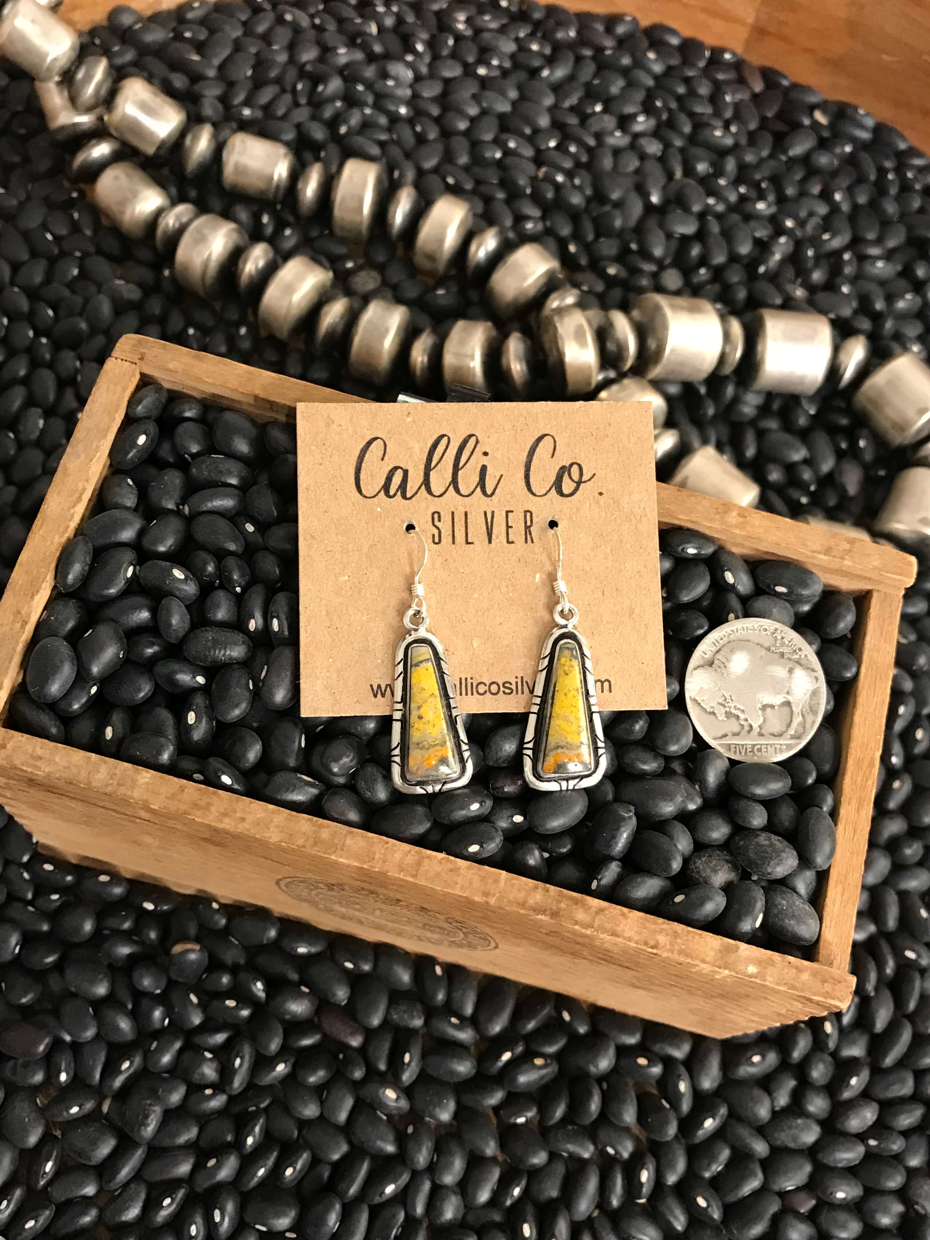 The Bumblebee Dangles, 6-Earrings-Calli Co., Turquoise and Silver Jewelry, Native American Handmade, Zuni Tribe, Navajo Tribe, Brock Texas