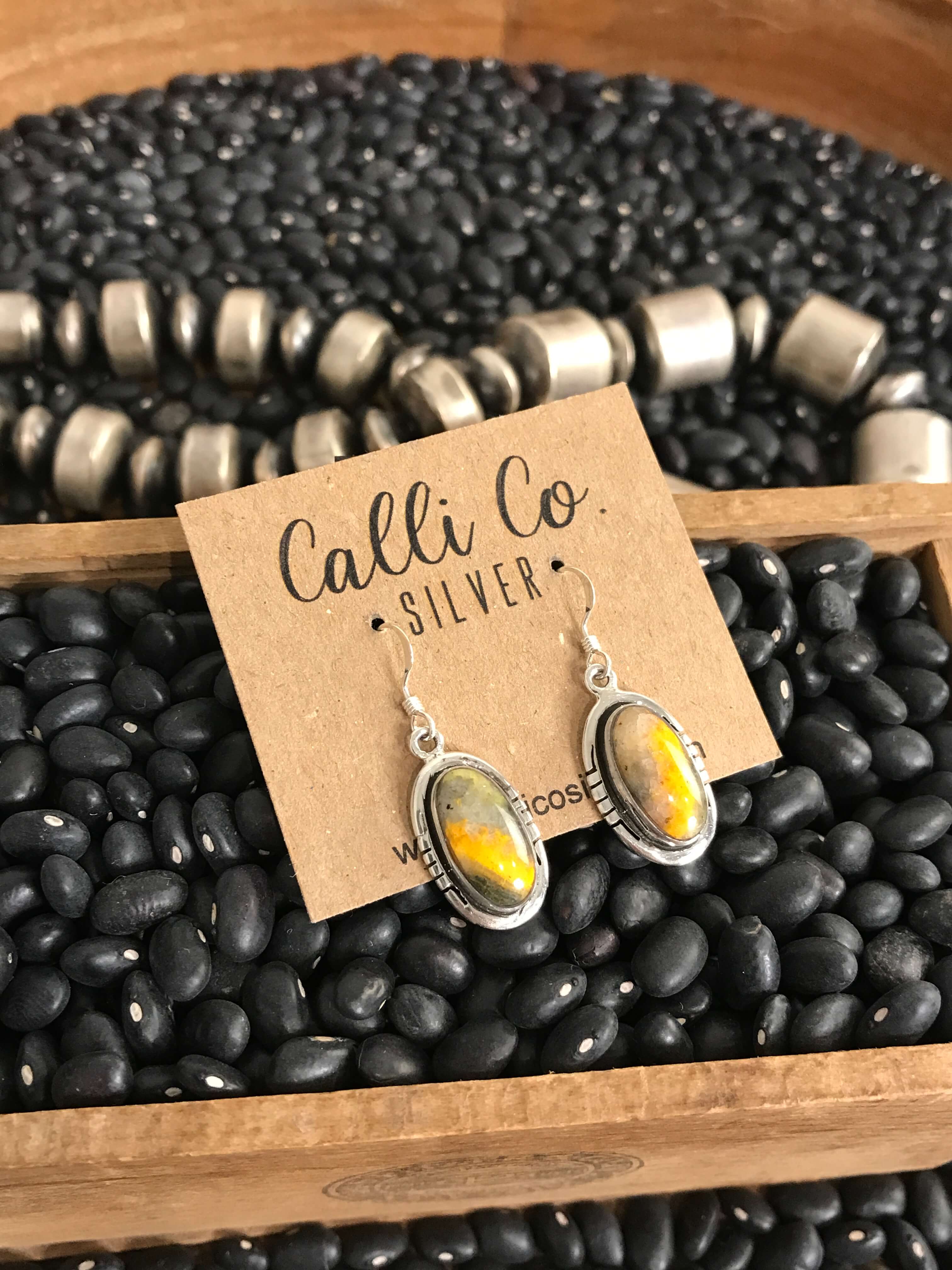 The Bumblebee Dangles, 7-Earrings-Calli Co., Turquoise and Silver Jewelry, Native American Handmade, Zuni Tribe, Navajo Tribe, Brock Texas