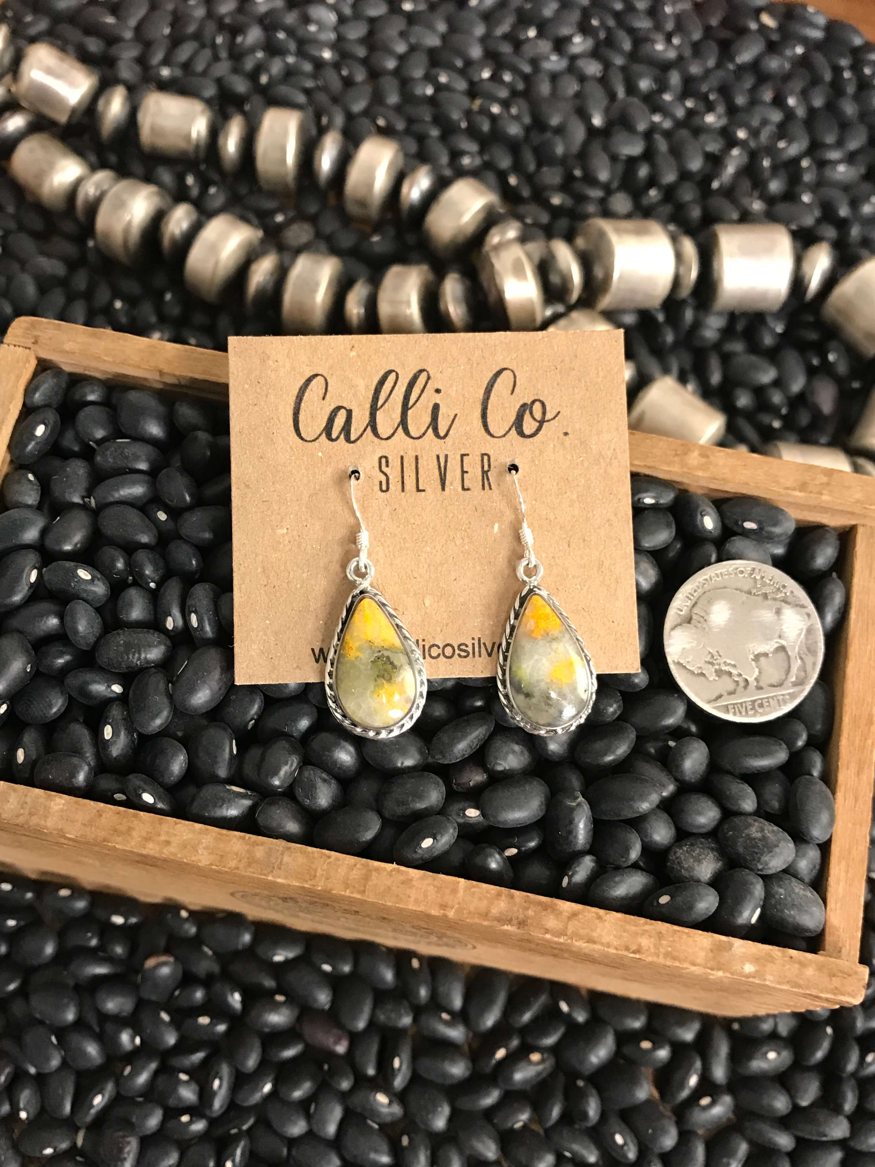 The Bumblebee Dangles, 8-Earrings-Calli Co., Turquoise and Silver Jewelry, Native American Handmade, Zuni Tribe, Navajo Tribe, Brock Texas