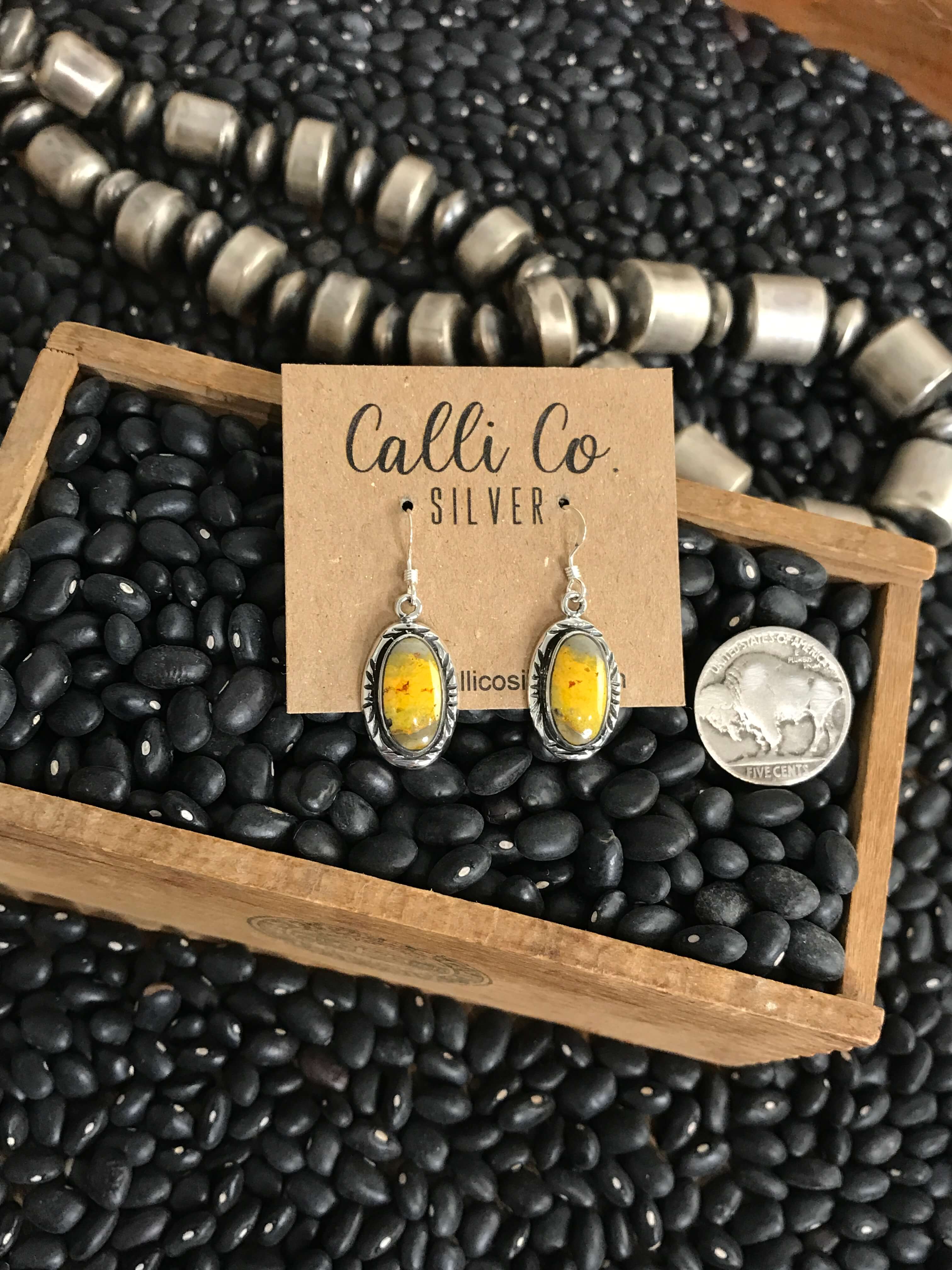 The Bumblebee Dangles, 9-Earrings-Calli Co., Turquoise and Silver Jewelry, Native American Handmade, Zuni Tribe, Navajo Tribe, Brock Texas