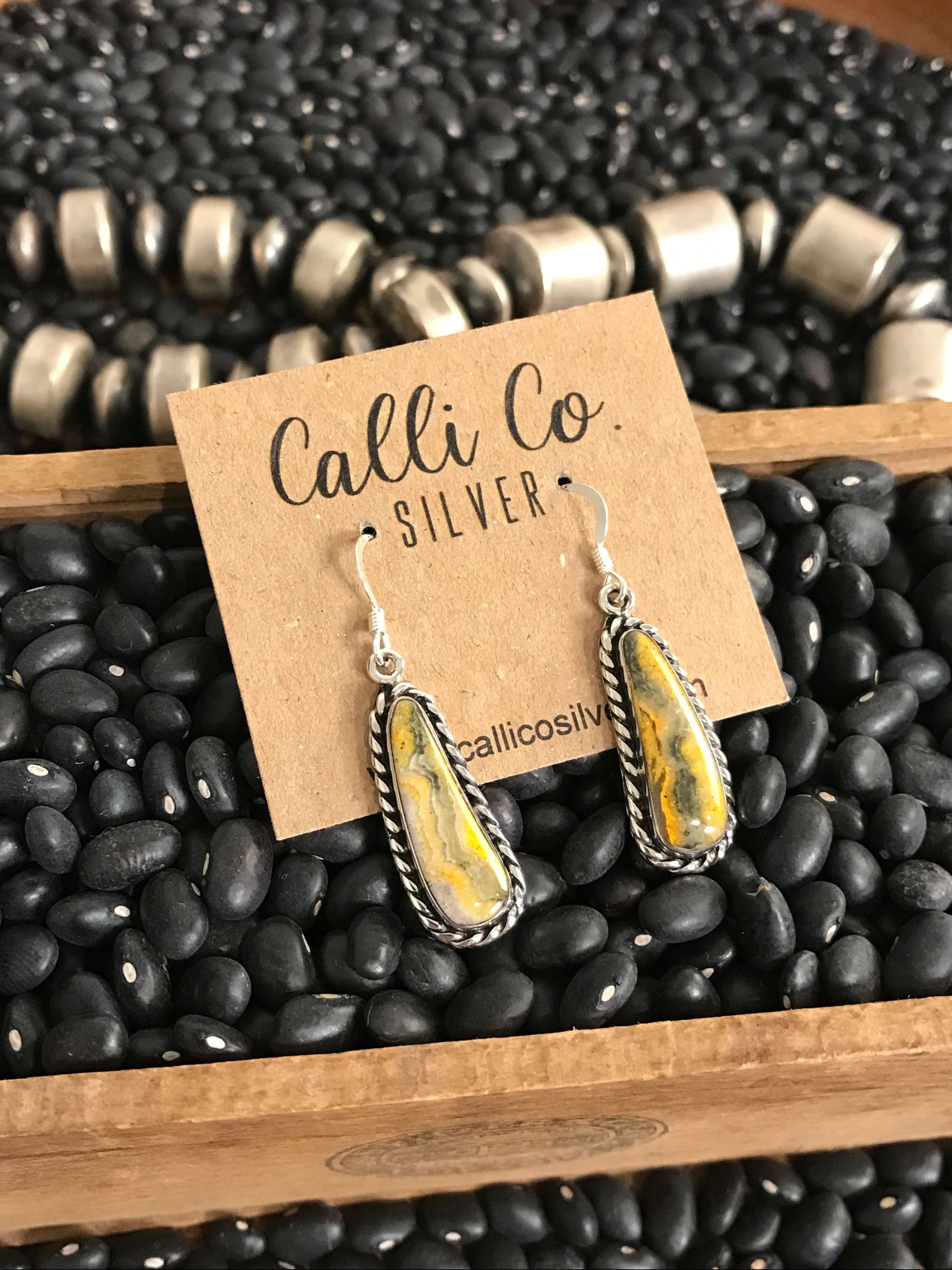 The Bumblebee Dangles, 10-Earrings-Calli Co., Turquoise and Silver Jewelry, Native American Handmade, Zuni Tribe, Navajo Tribe, Brock Texas